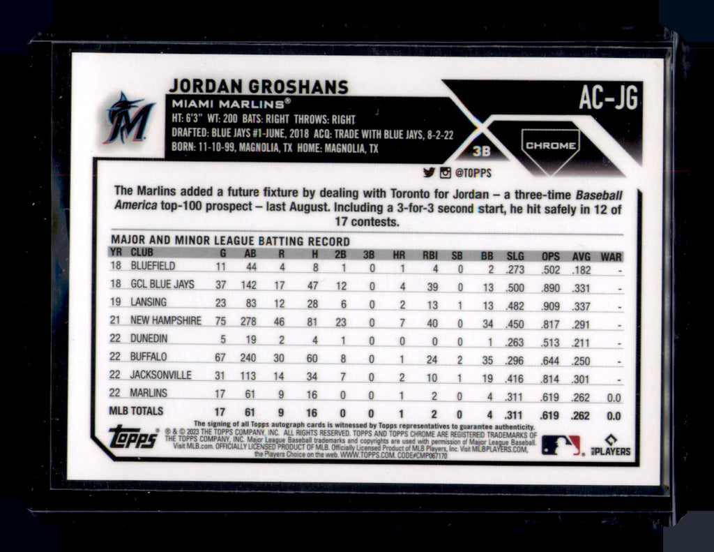 2023 Topps Chrome Jordan Groshans Rookie Auto Autograph RC #AC-JG Marlins