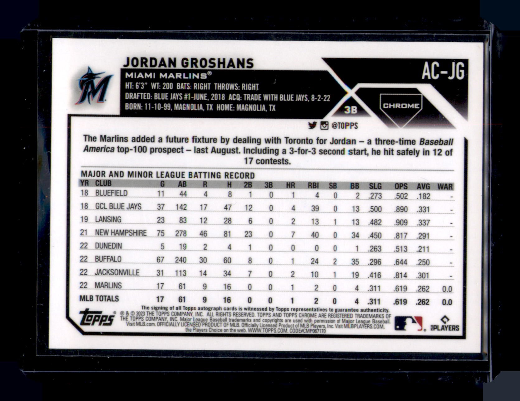 2023 Topps Chrome Jordan Groshans Rookie Auto Autograph RC #AC-JG Marlins