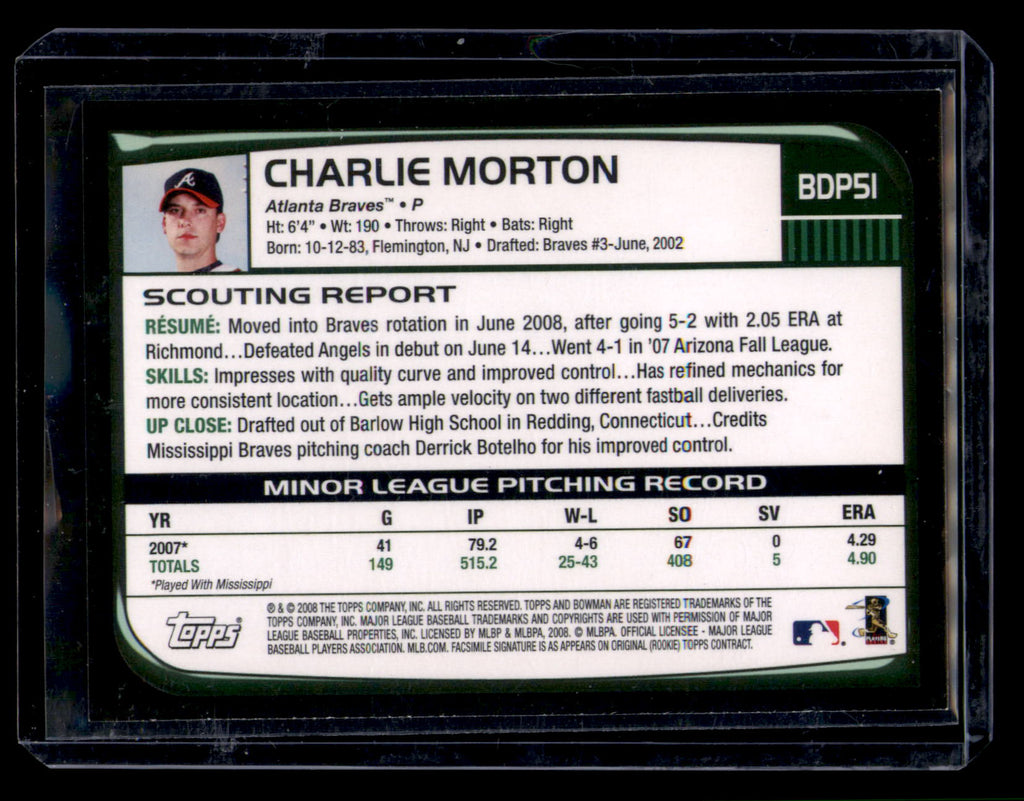 2008 Bowman Draft Charlie Morton RC Rookie Card #BDP51 Atlanta Braves