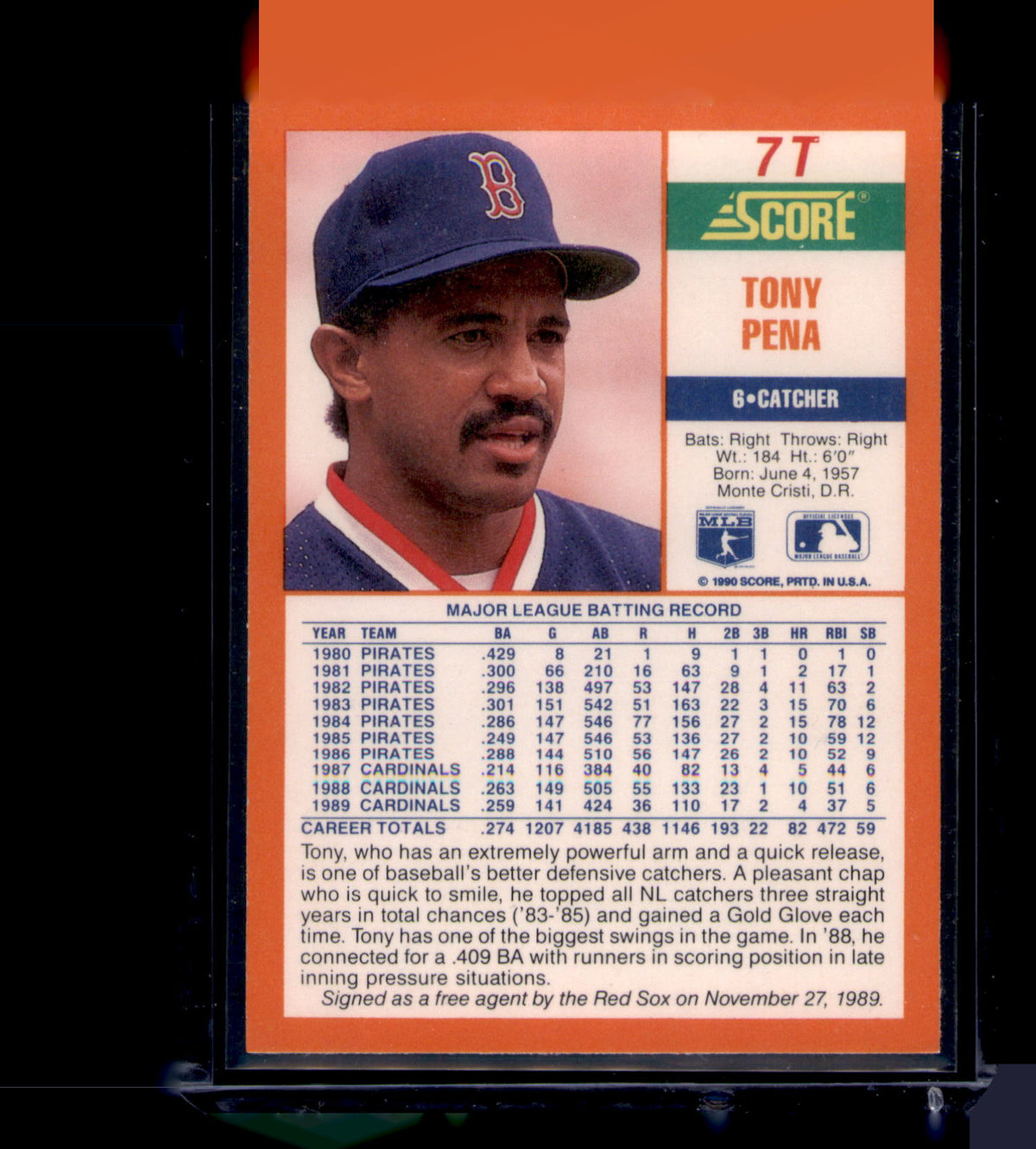 1990 Score Rookie & Traded Tony Pena #7T Boston Red Sox Catcher