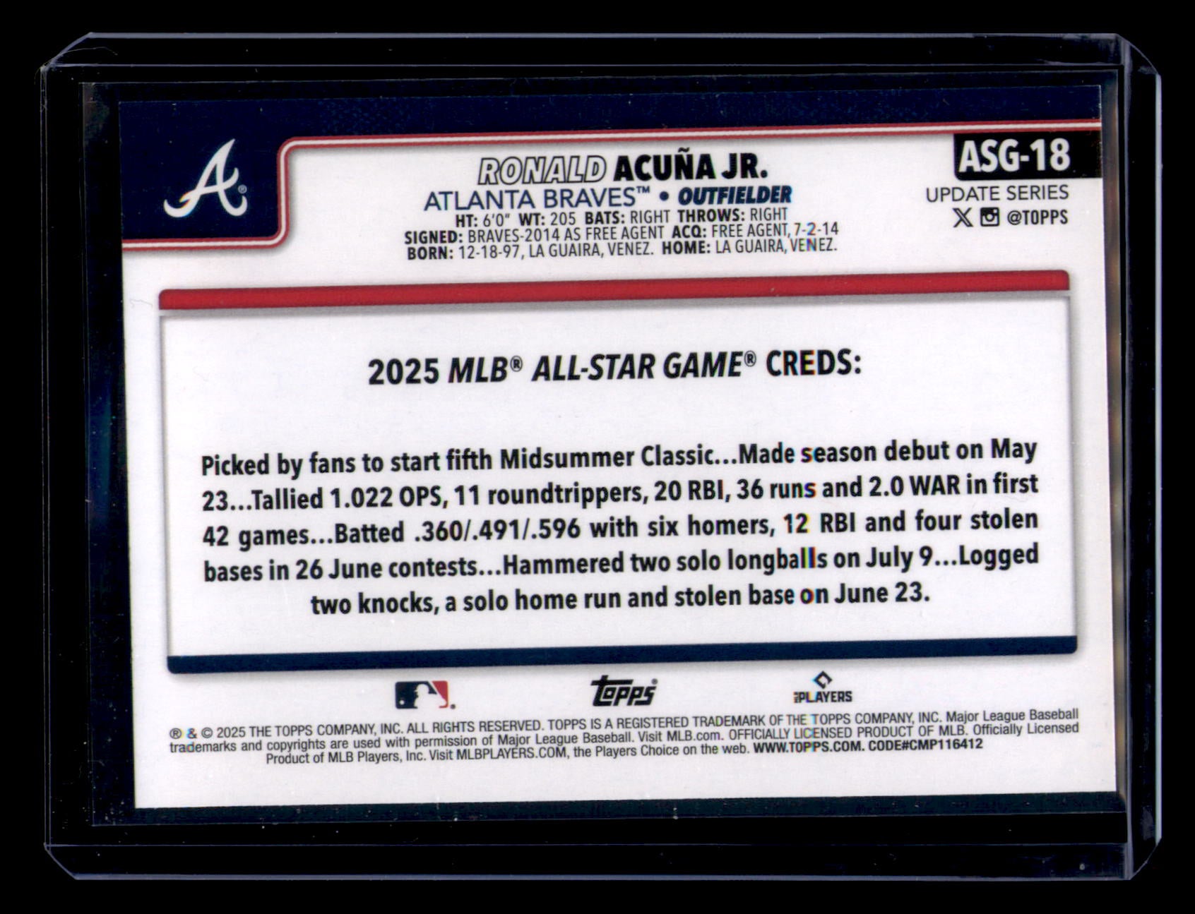 2025 Topps Update Ronald Acuna Jr All-Star Game Insert #ASG-18 Atlanta Braves