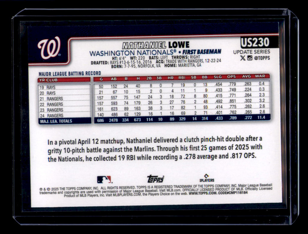 2025 Topps Update Nathaniel Lowe Silver Foil #US230 Washington Nationals
