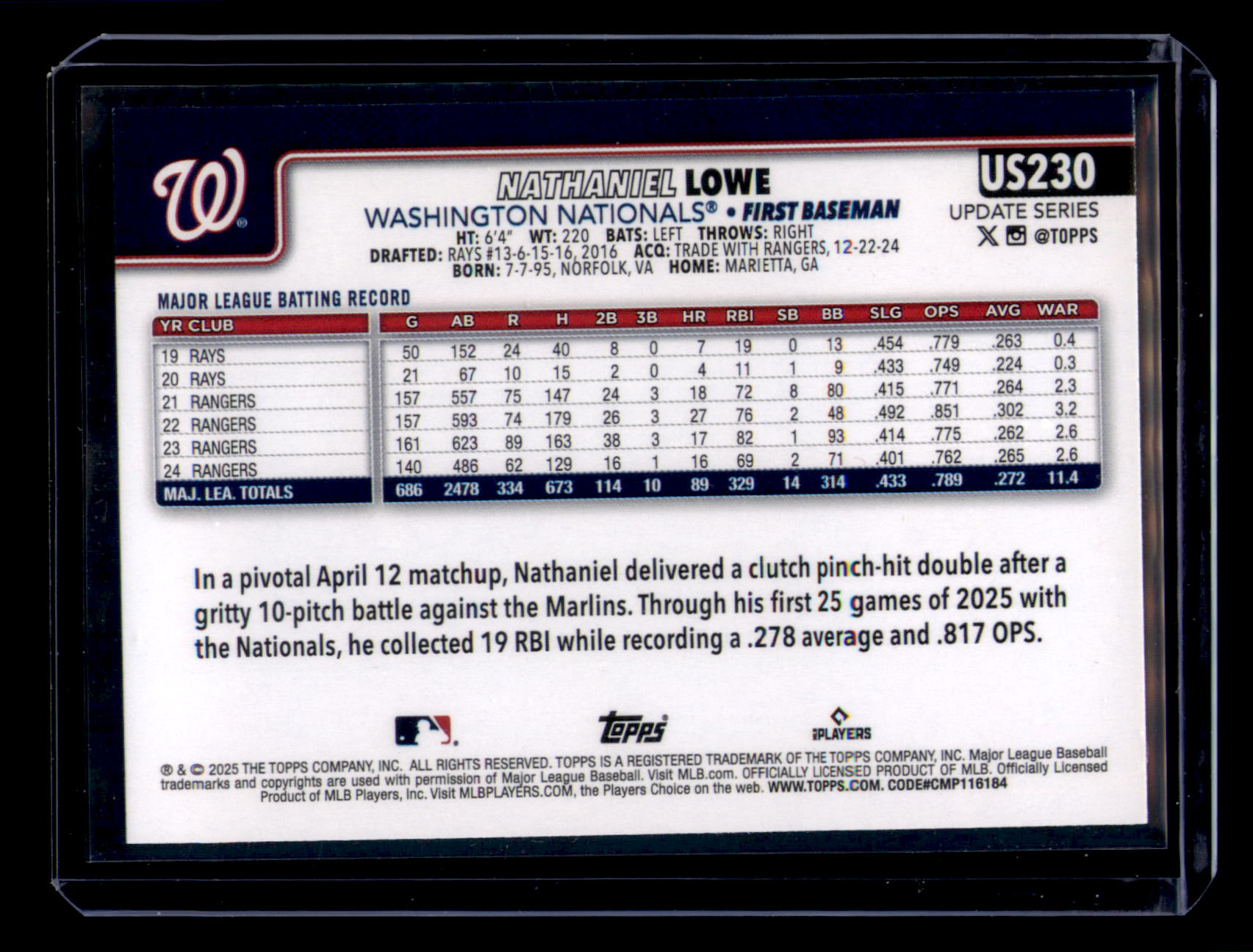2025 Topps Update Nathaniel Lowe Silver Foil #US230 Washington Nationals