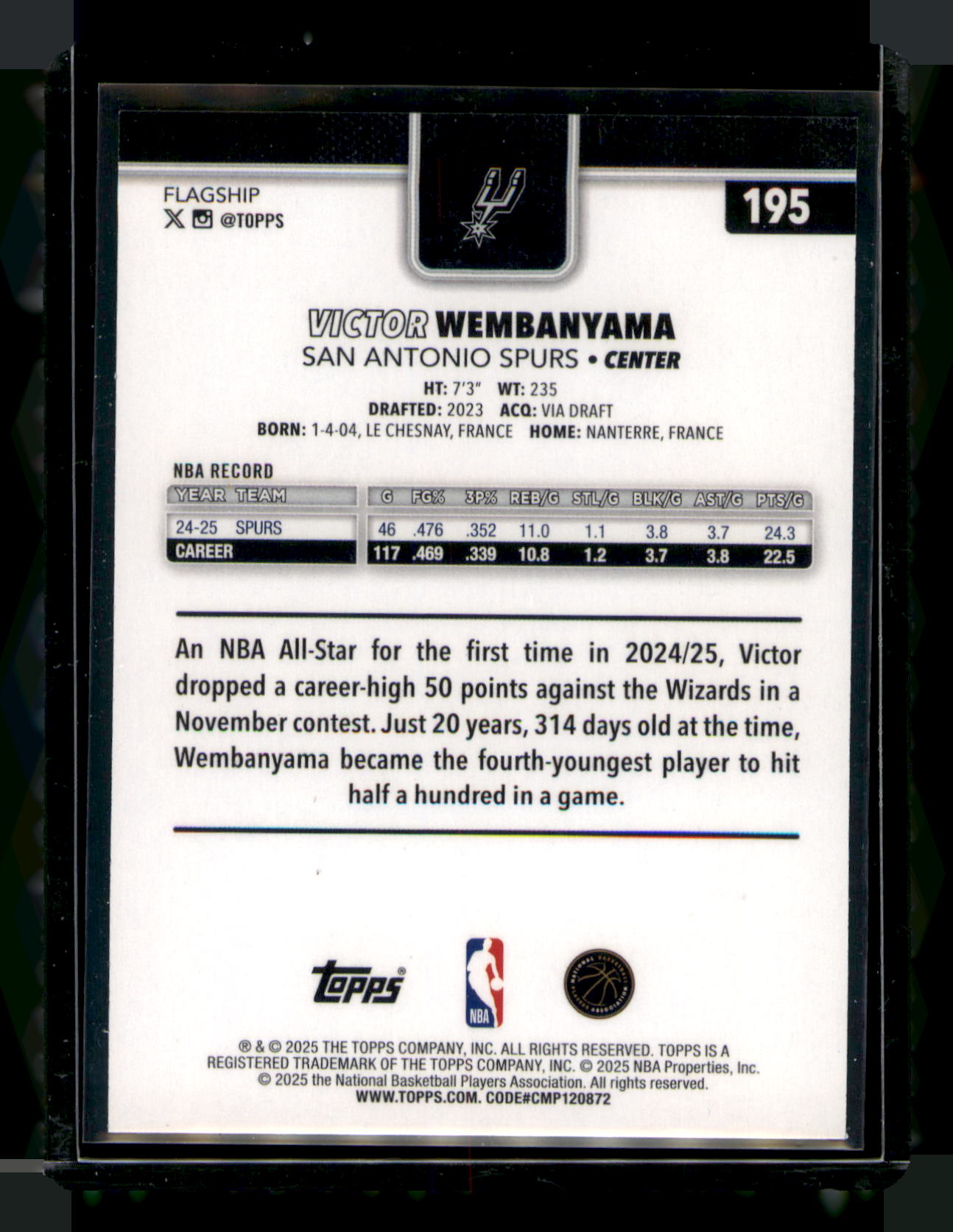 2025 Topps Basketball Victor Wembanyama #195 San Antonio Spurs