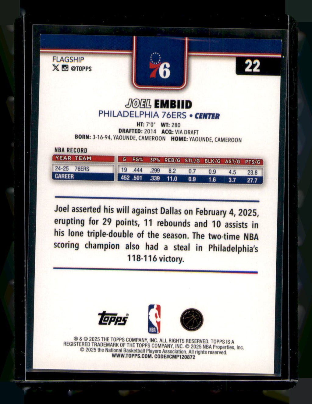 2025-26 Topps Basketball Joel Embiid Holofoil #22 Philadelphia 76ers Center
