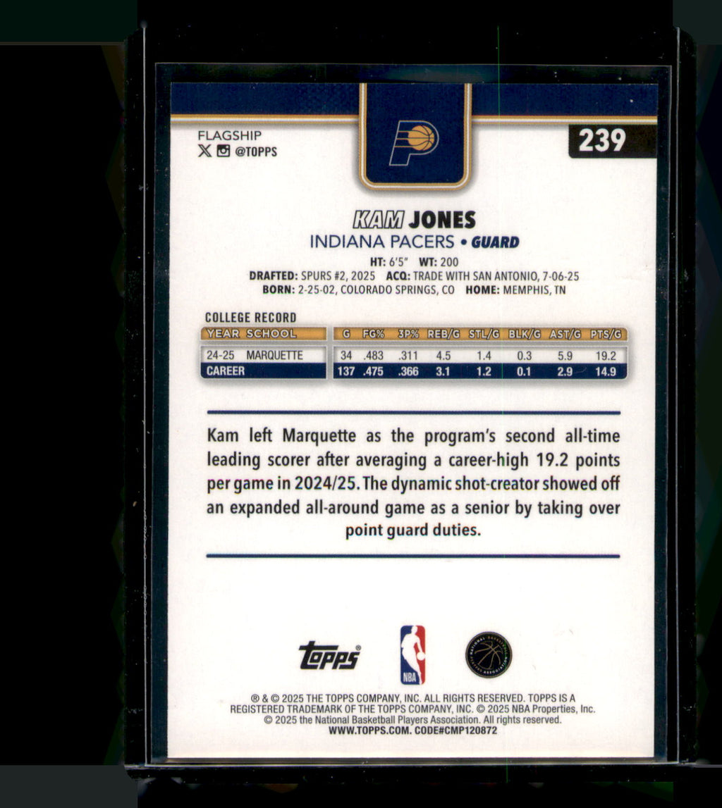 2025-26 Topps Basketball Kam Jones Silver Crackle Prizm RC #239 Pacers Rookie