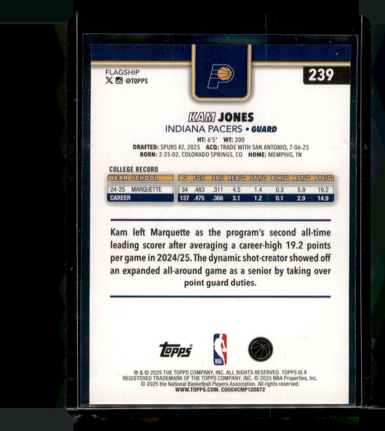 2025-26 Topps Basketball Kam Jones Silver Crackle Prizm RC #239 Pacers Rookie