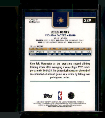 2025-26 Topps Basketball Kam Jones Silver Crackle Prizm RC #239 Pacers Rookie