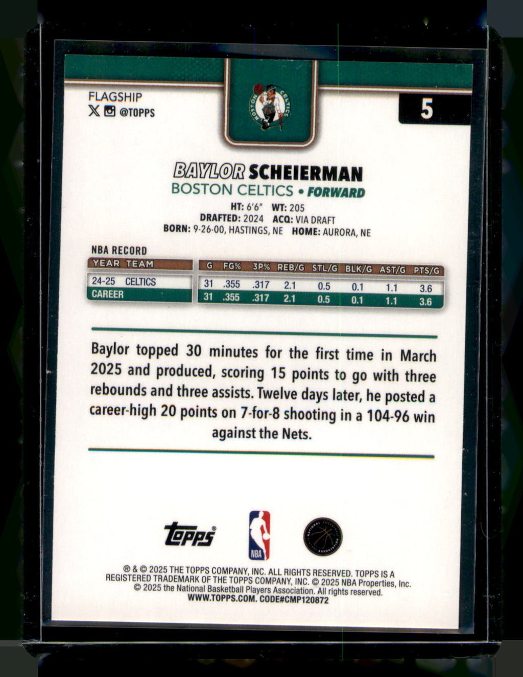 2025-26 Topps Basketball Baylor Scheierman Silver Crackle Prizm RC #5 Celtics