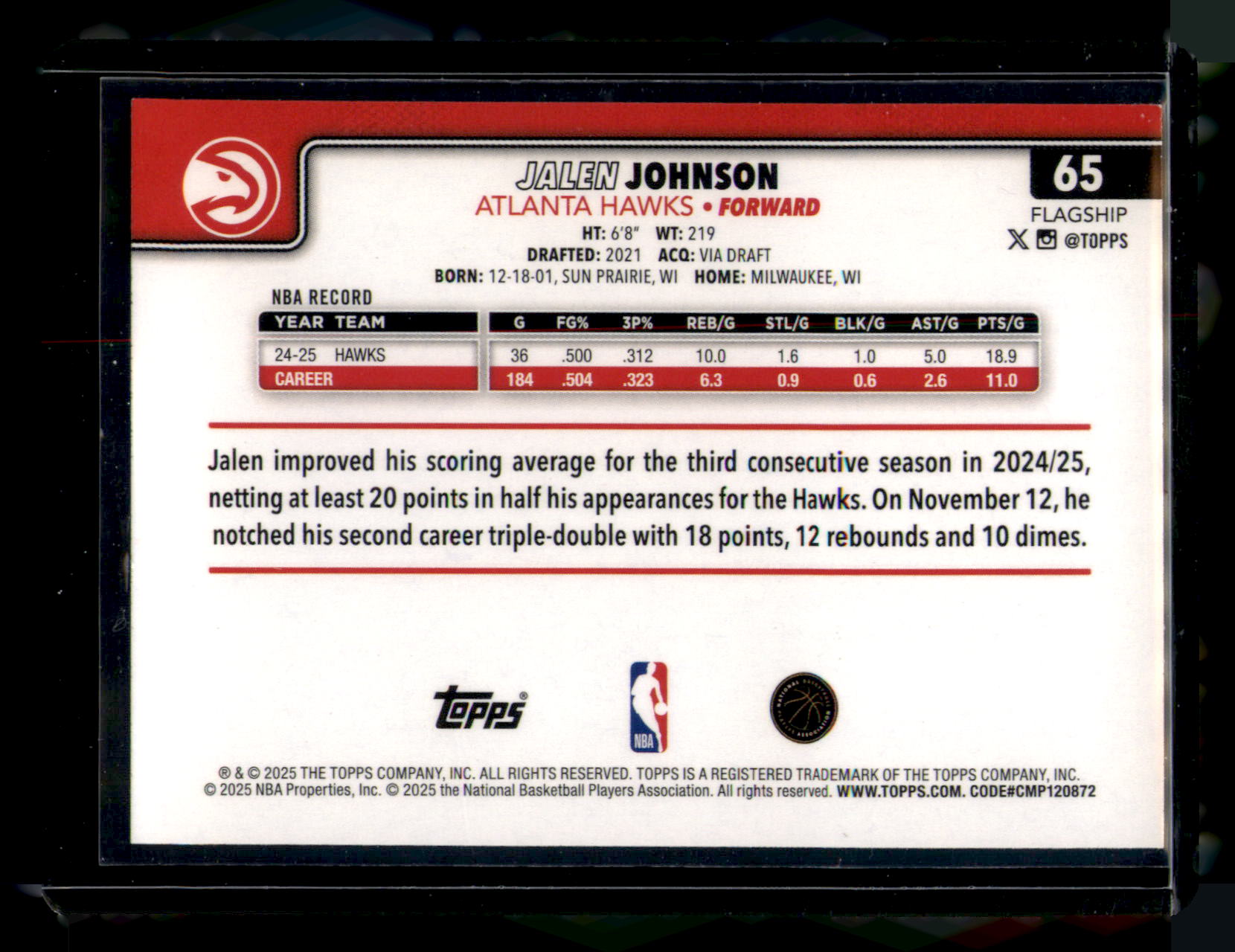 2025 Topps Jalen Johnson Brown Foil Parallel #65 /2025 Atlanta Hawks Card