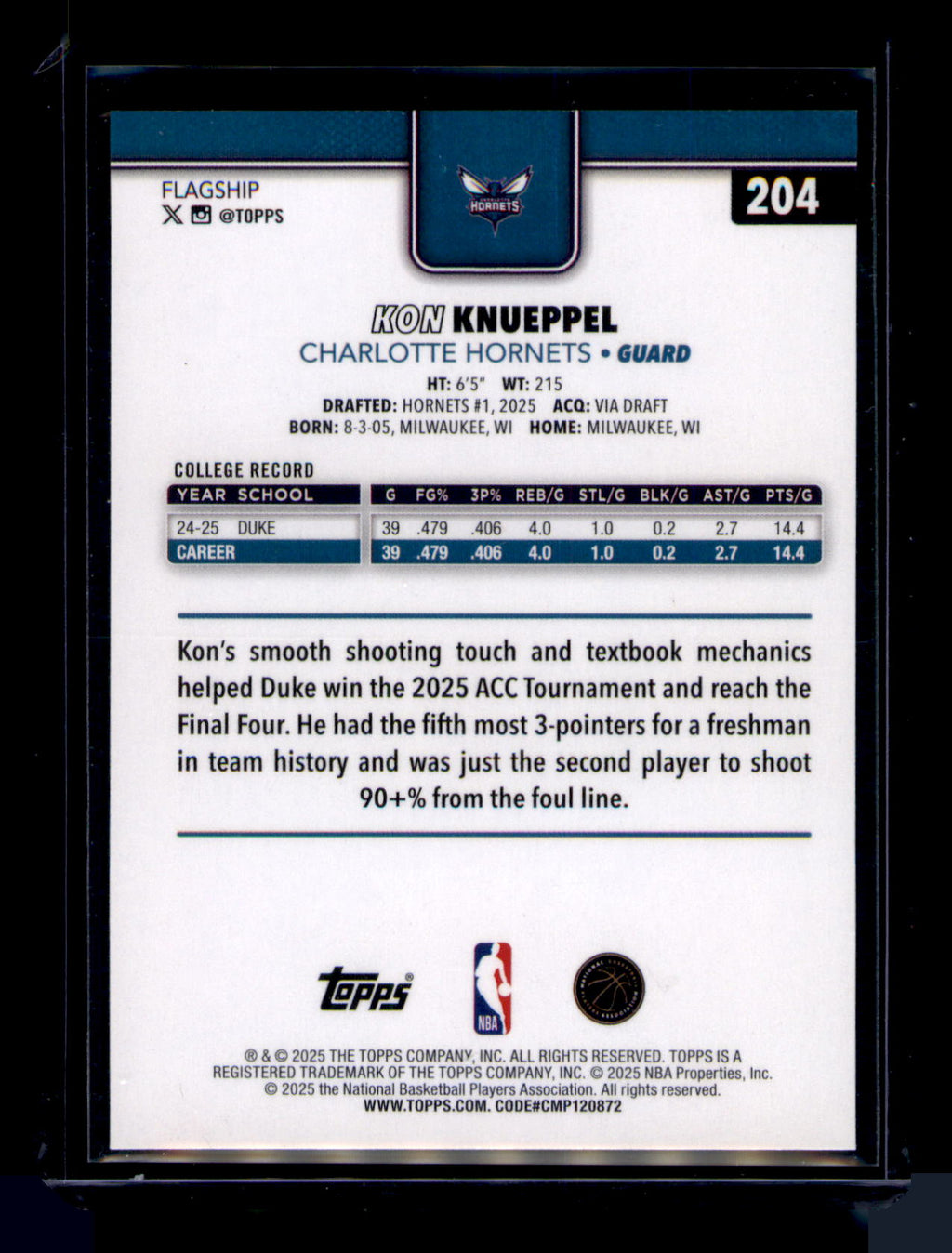 2025 Topps Kon Knueppel RC #204 Rookie Card Charlotte Hornets