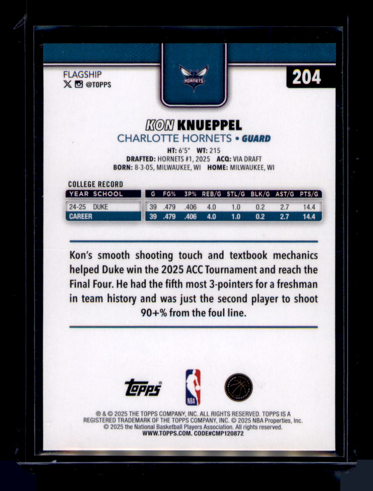 2025 Topps Kon Knueppel RC #204 Rookie Card Charlotte Hornets