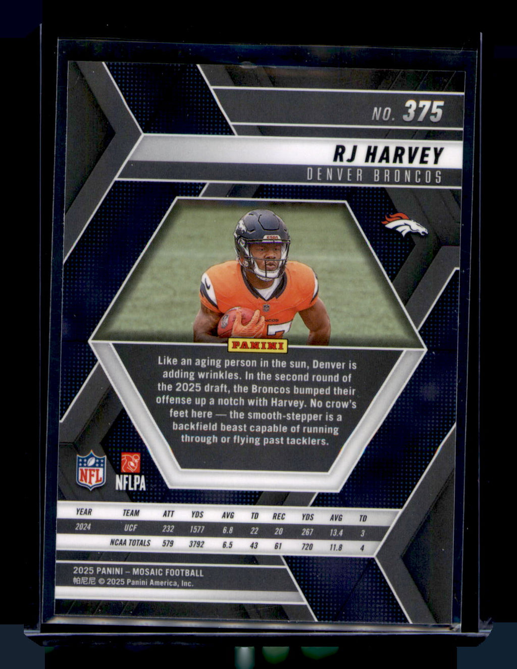 2025 Panini Mosaic RJ Harvey Silver Prizm RC CARD #375 Denver Broncos