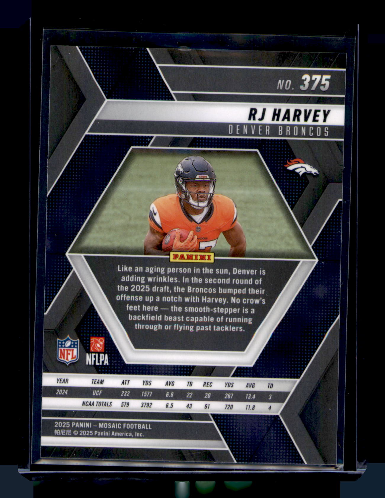 2025 Panini Mosaic RJ Harvey Silver Prizm RC CARD #375 Denver Broncos