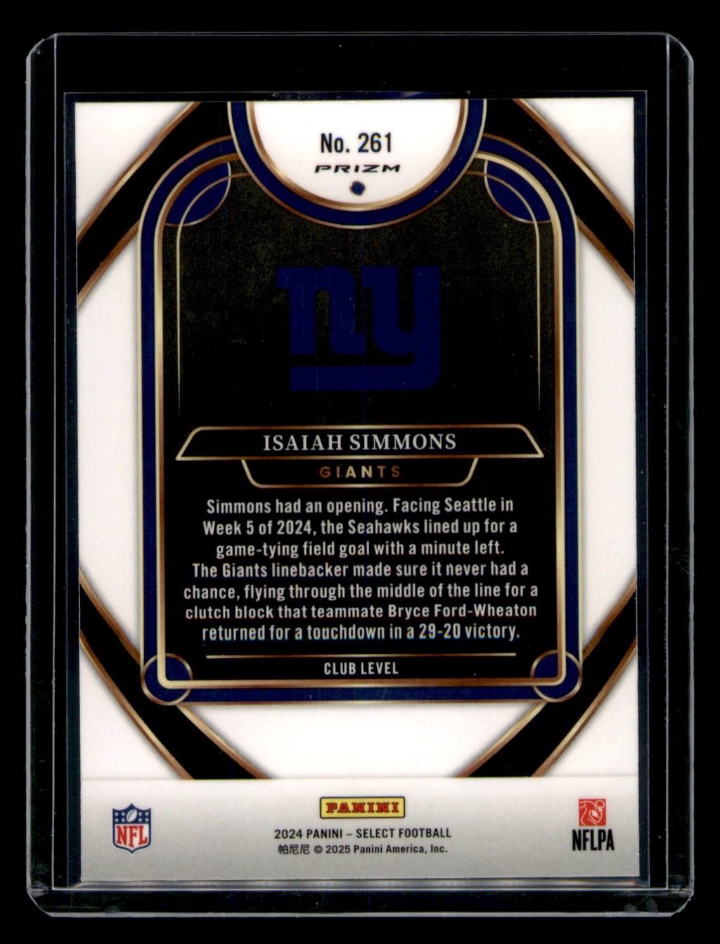 2024 Panini Select Isaiah Simmons Club Level Prizm Refractor #261 NY Giants CARD