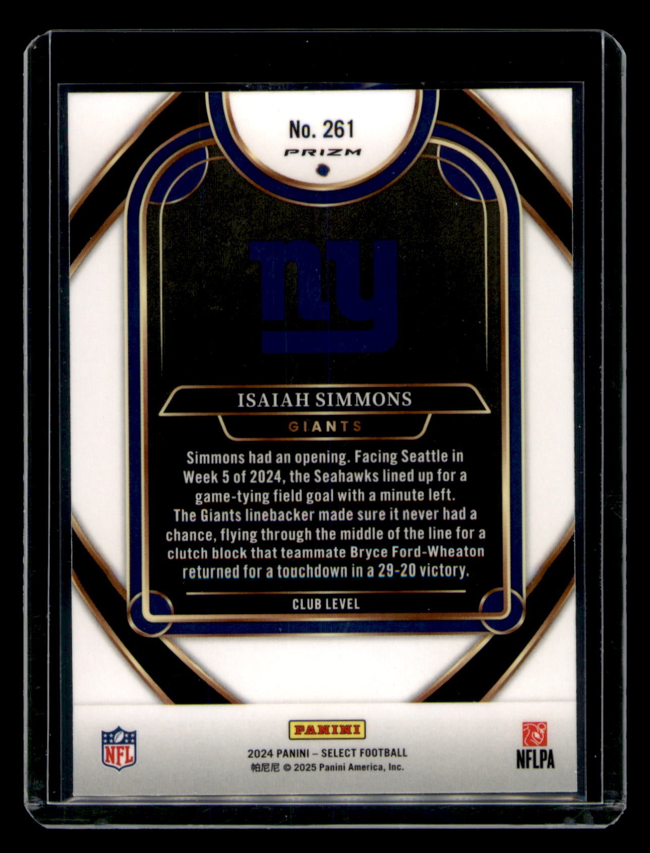2024 Panini Select Isaiah Simmons Club Level Prizm Refractor #261 NY Giants CARD