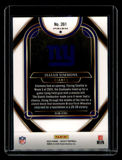 2024 Panini Select Isaiah Simmons Club Level Prizm Refractor #261 NY Giants CARD
