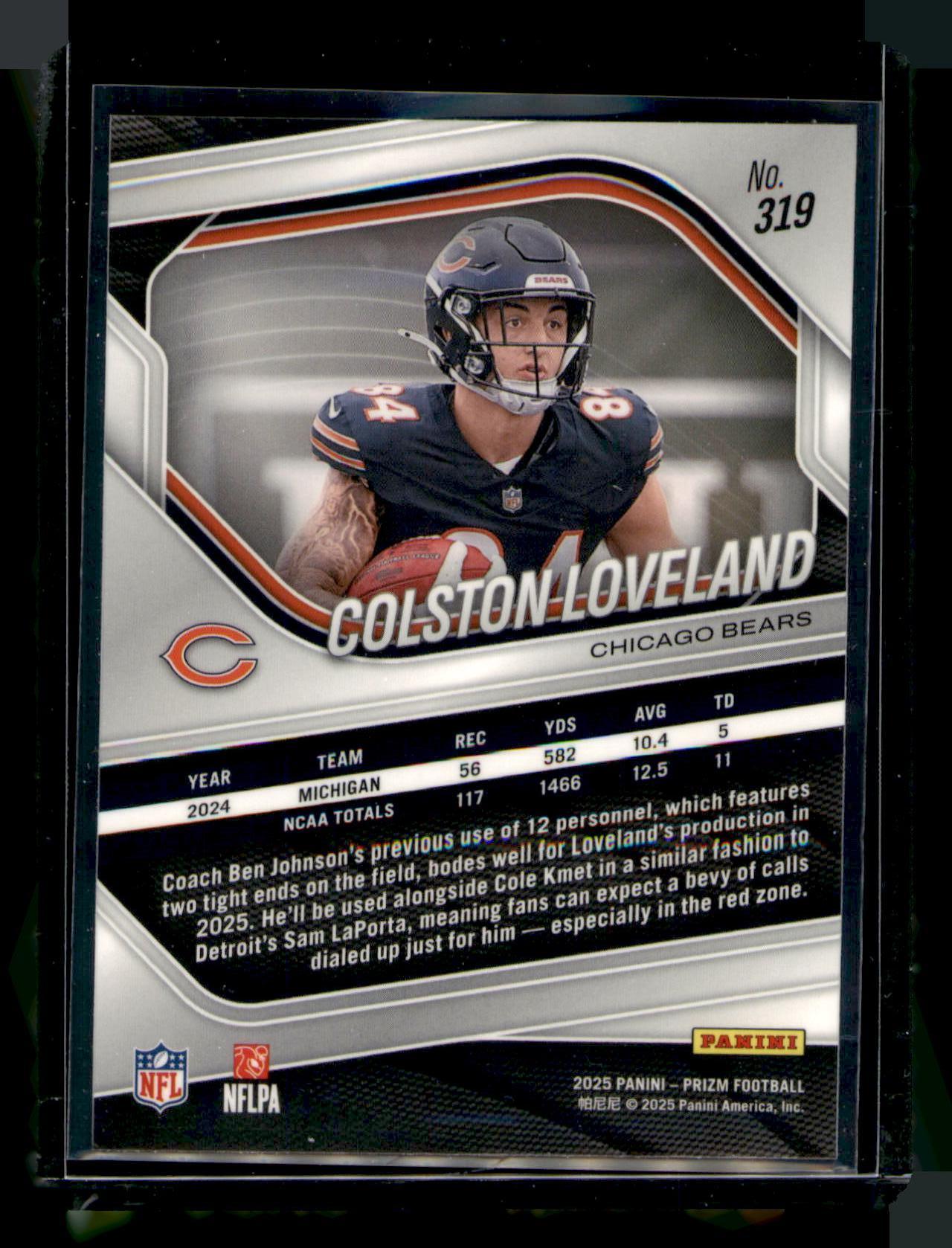 2025 Panini Prizm Colston Loveland Rookie Card RC #319 Chicago Bears CARD