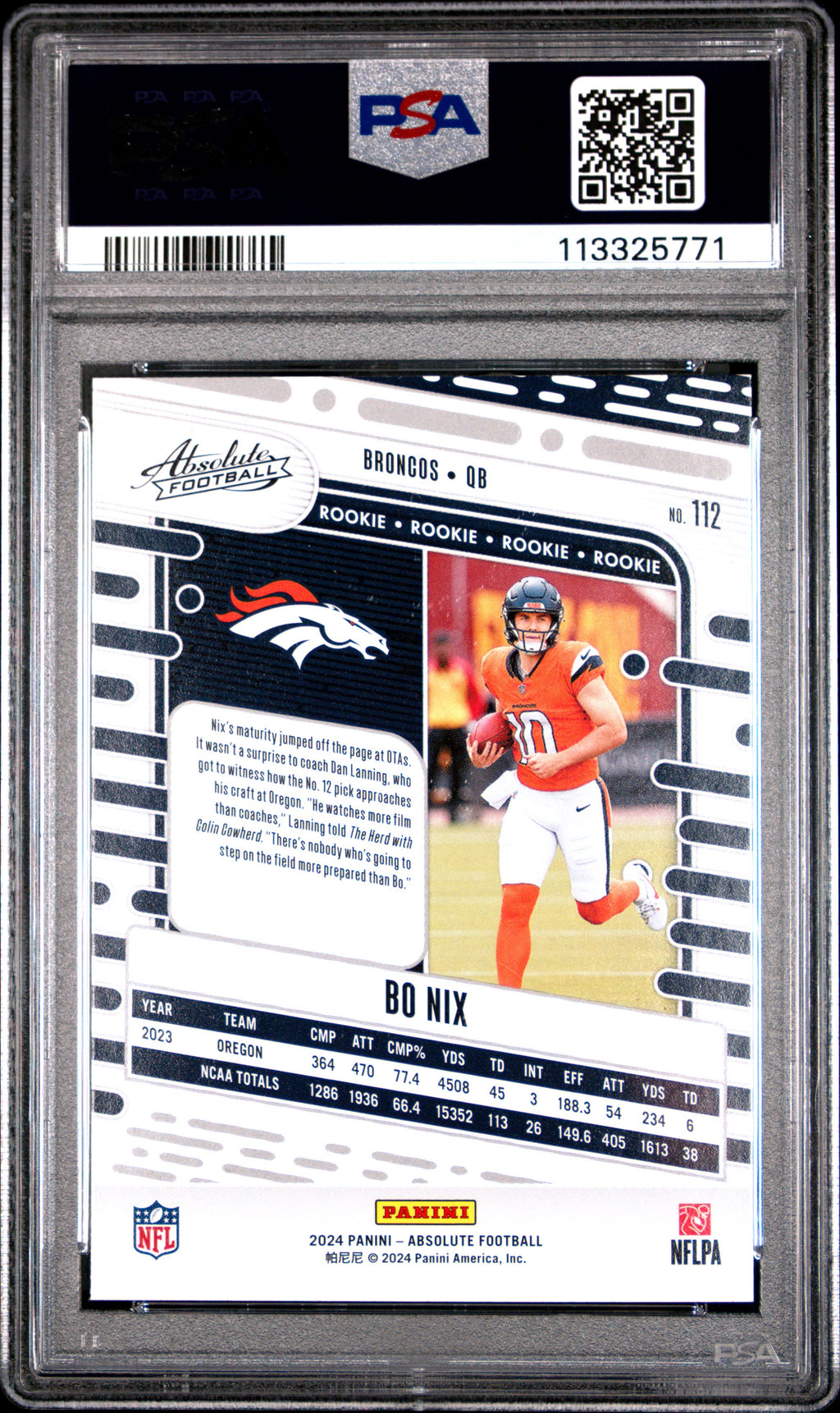 2024 Panini Absolute Bo Nix #112 Rookie RC Card PSA 9 MINT Denver Broncos
