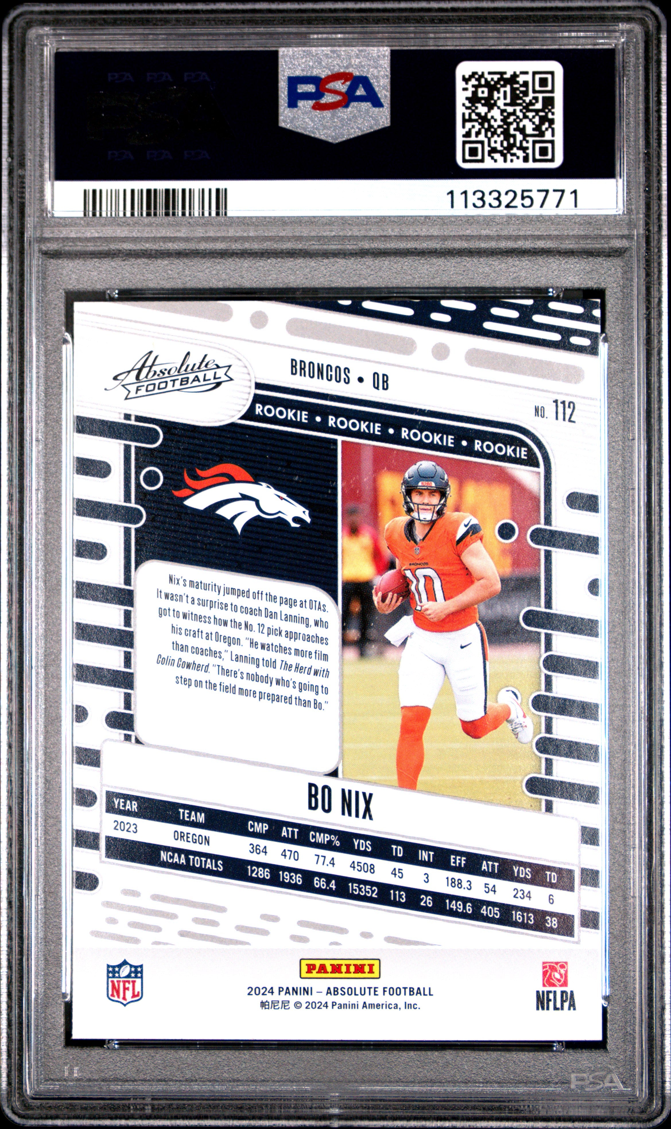 2024 Panini Absolute Bo Nix #112 Rookie RC Card PSA 9 MINT Denver Broncos