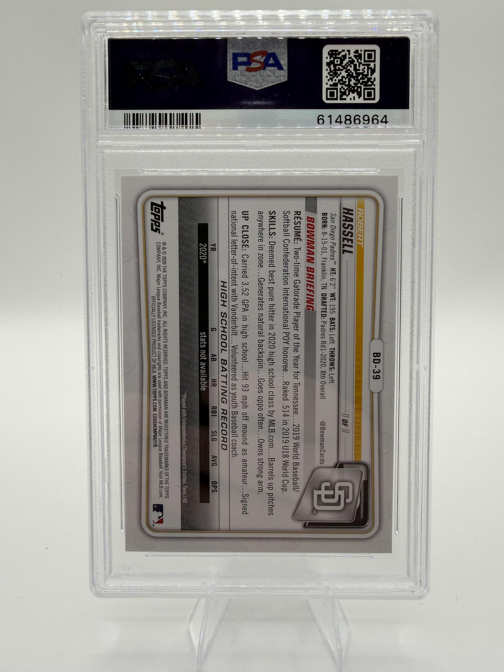 2020 Bowman Draft Robert Hassell #BD39 1st Bowman Card PSA 10 GEM MINT Padres