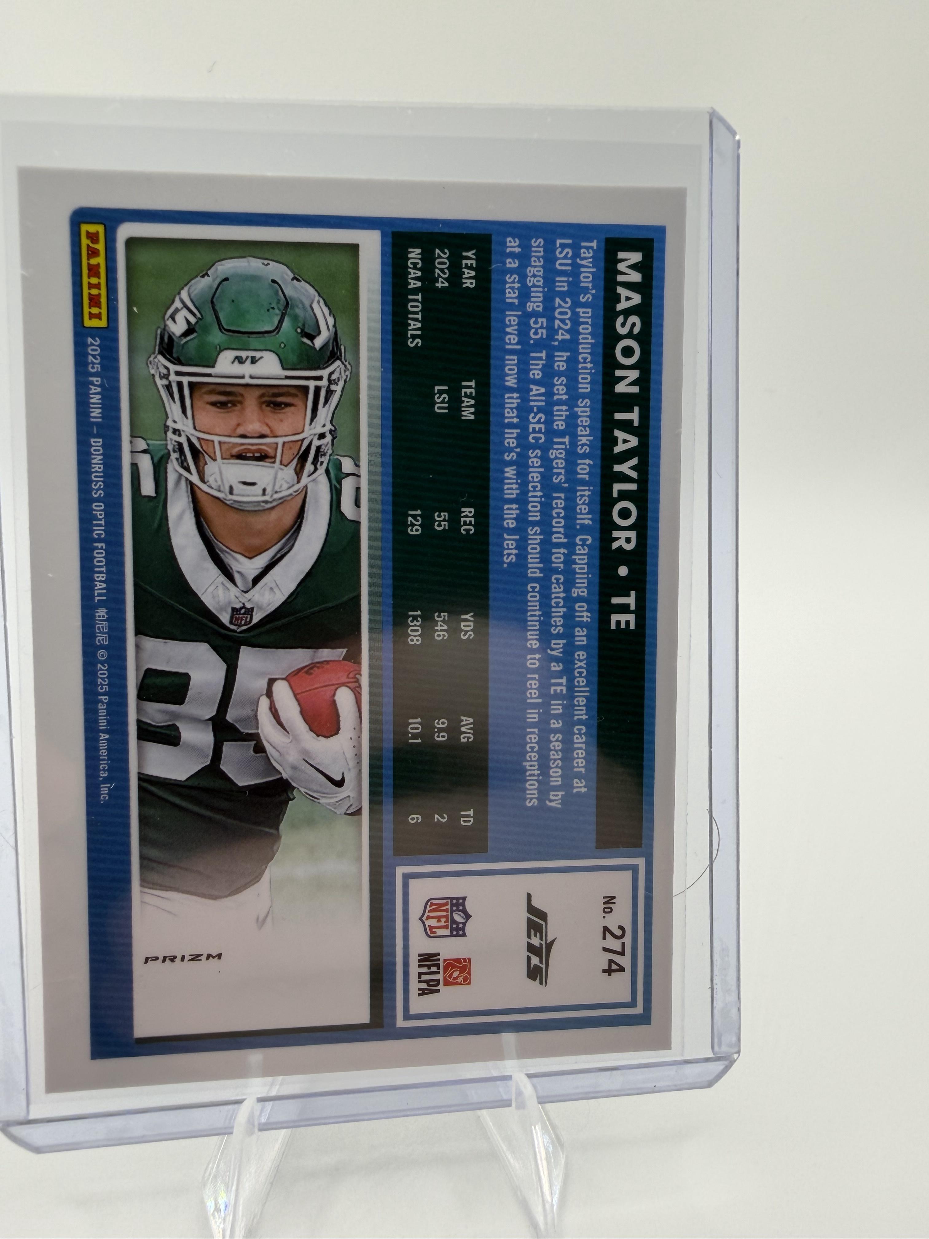 2025 Donruss Optic Mason Taylor #274 Rated Rookie Purple Shock Prizm Card Jets