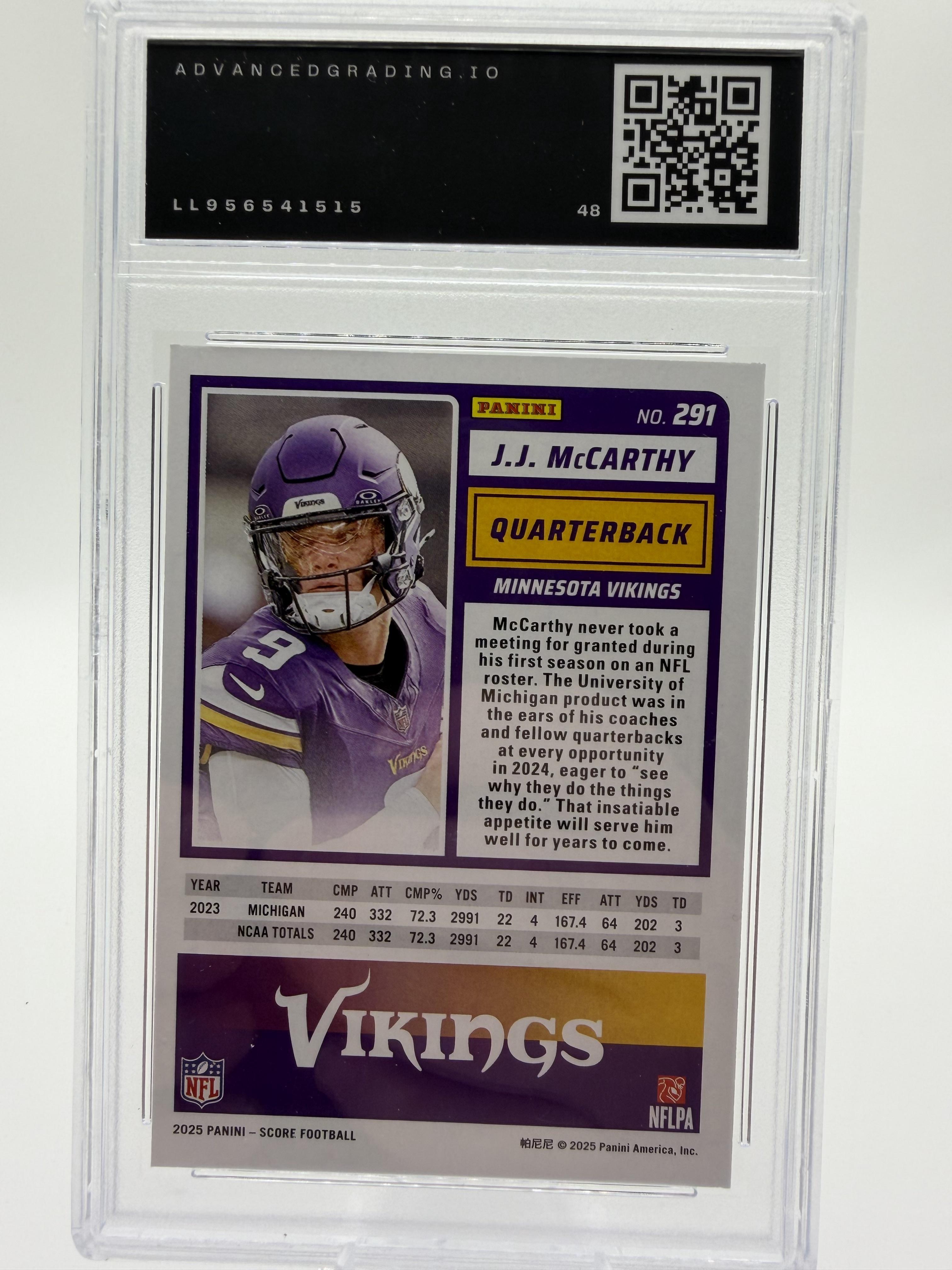 2025 Panini Score J.J. McCarthy #291 Rookie Card AG 8 Near Mint Vikings RC