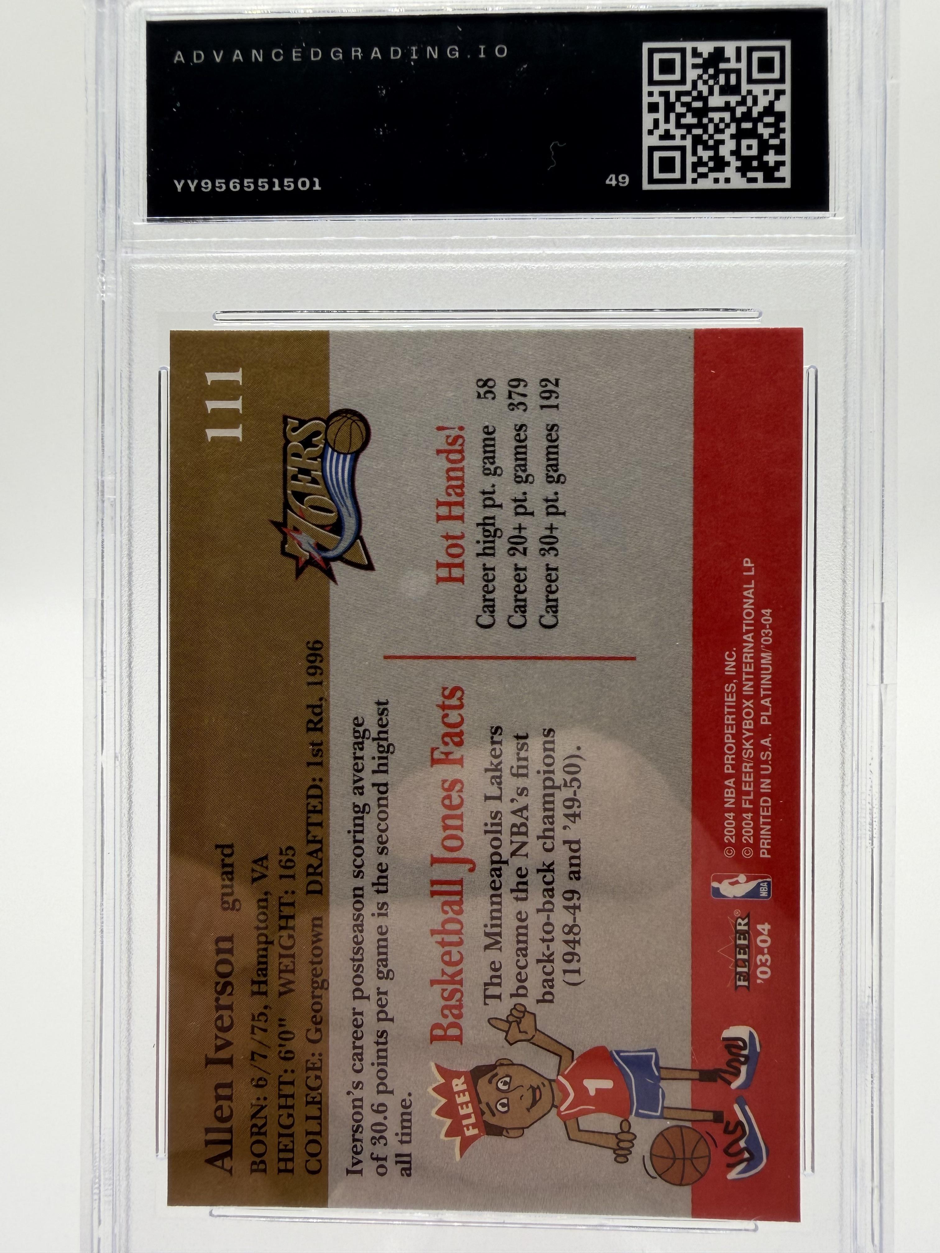 2003-04 Fleer Platinum Allen Iverson #111 76ers HOF AG 10 Gem Mint Card