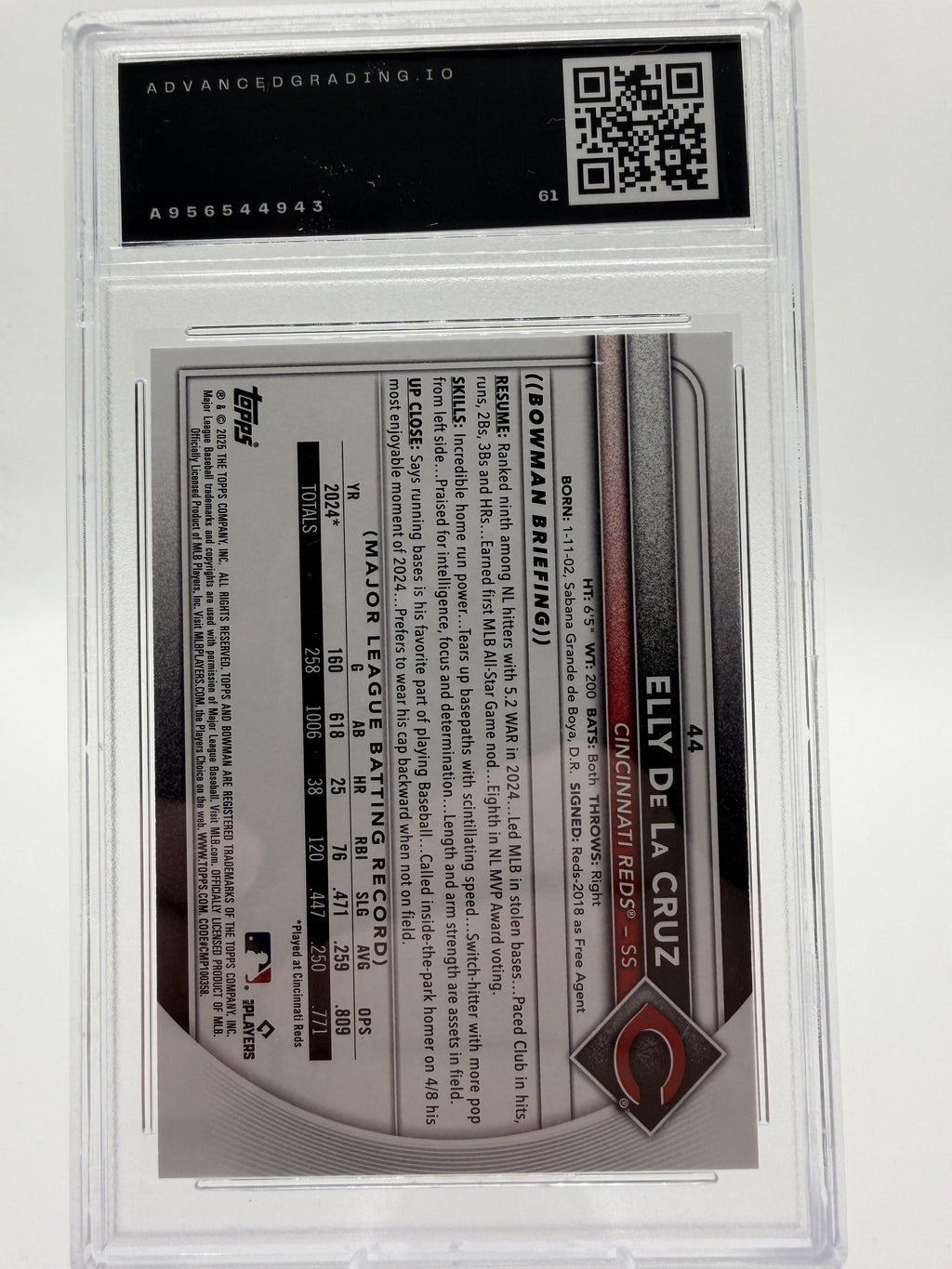 2025 Topps Bowman Elly De La Cruz #44 Cincinnati Reds Card Gem Mint 10