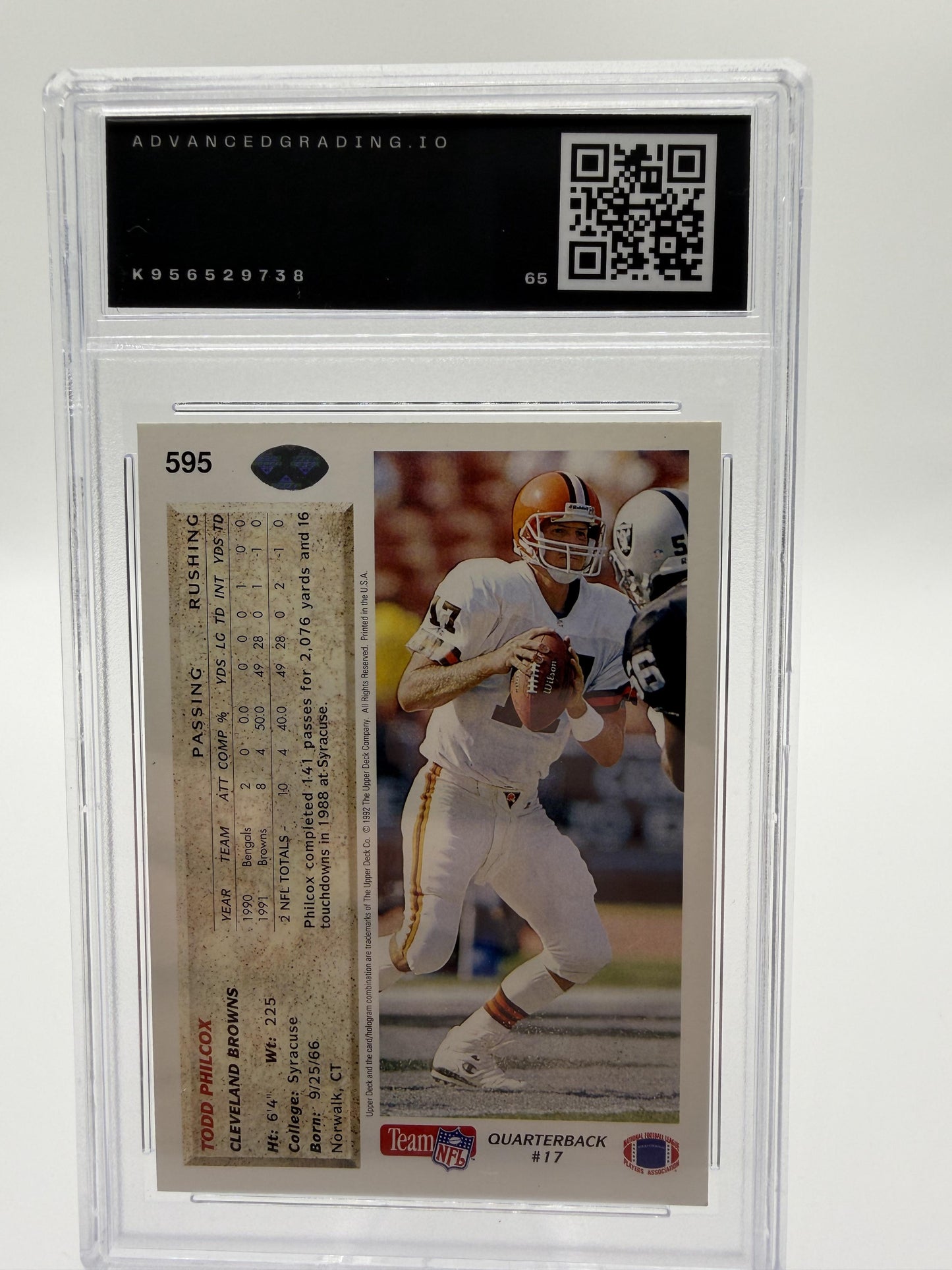 1992 Upper Deck Todd Philcox #595 Browns QB AG 9 Mint Graded Card