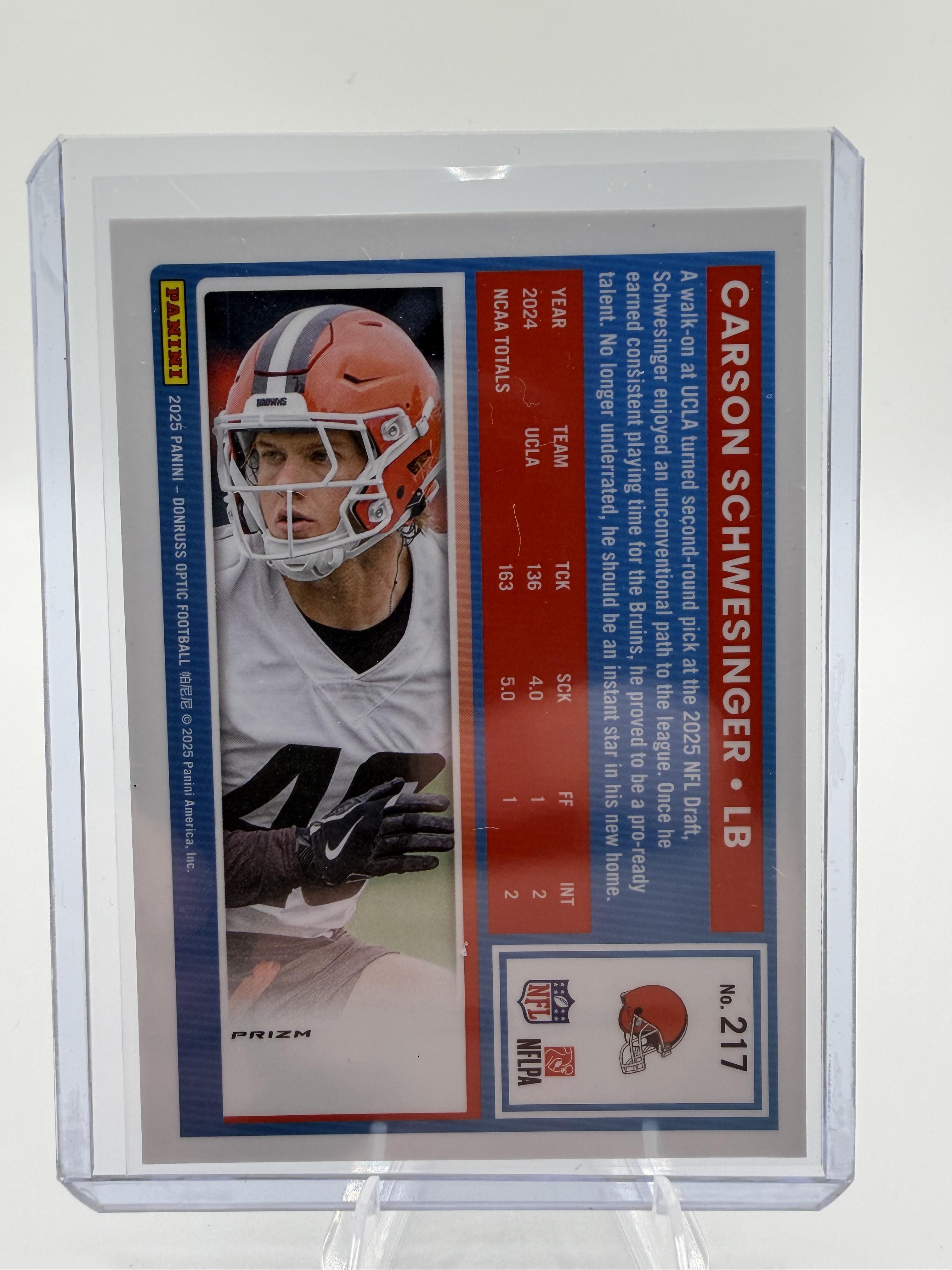 2025 Donruss Optic Carson Schwesinger Purple Shock Optic Prizm RC Card #217