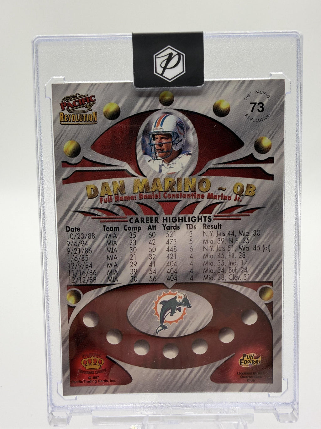 1997 Pacific Revolution Dan Marino Card #73 Miami Dolphins HOF Gold Legends