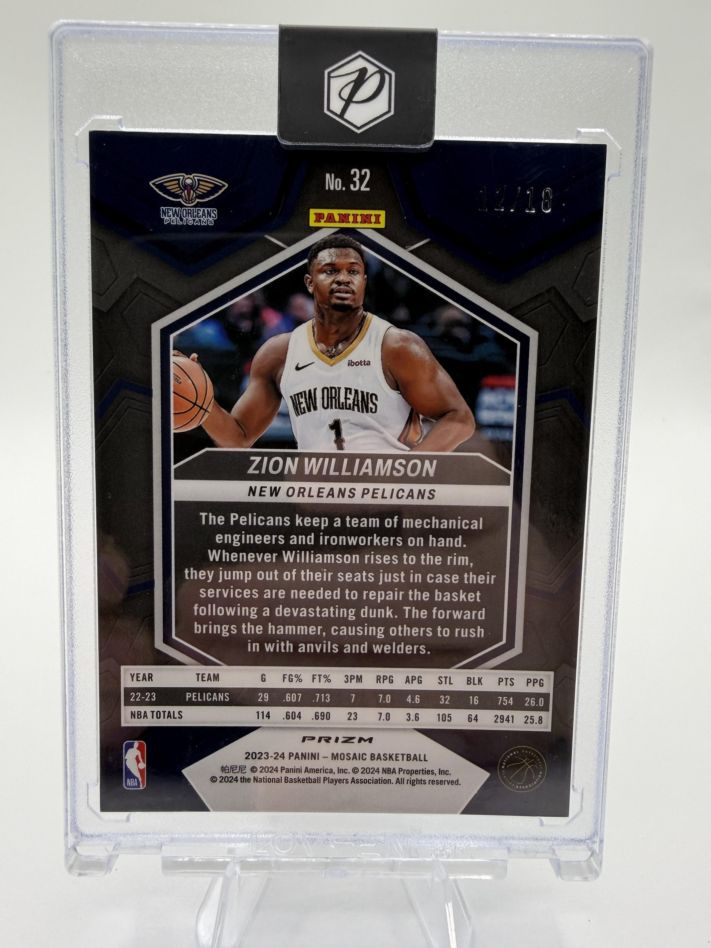 2023-24 Panini Mosaic Zion Williamson Green Genesis /18 Pelicans Card #32