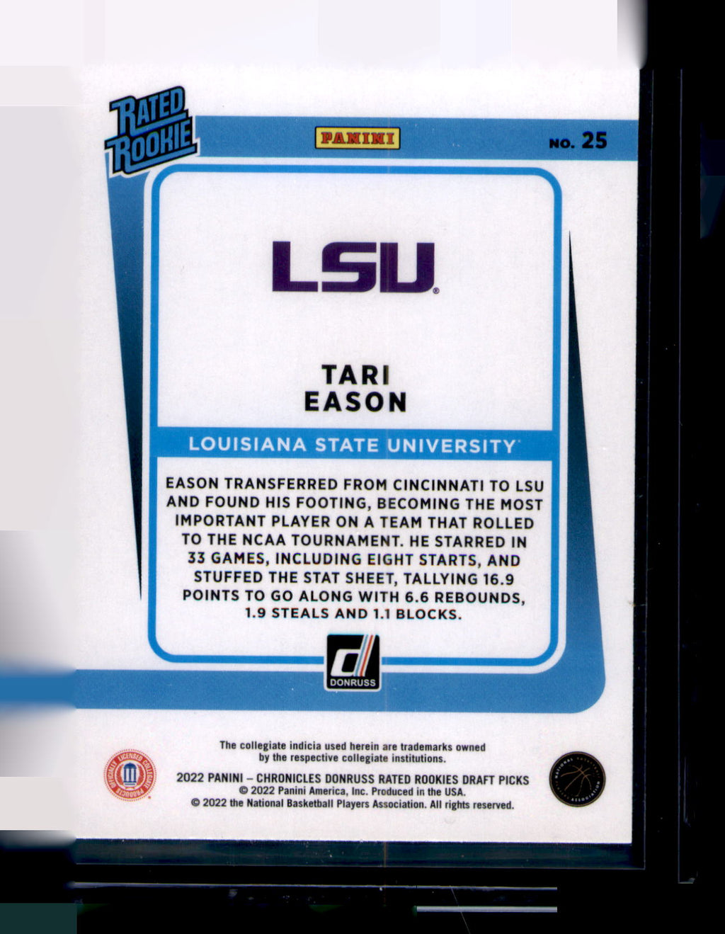 2022 Panini Chronicles Draft Picks Tari Eason Donruss Rated Rookie #25 RC LSU