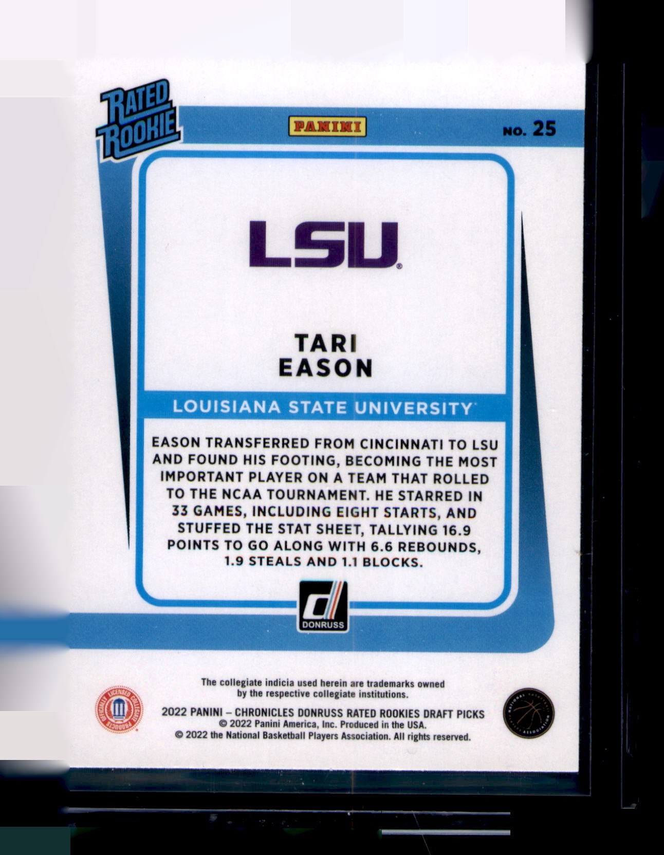 2022 Panini Chronicles Draft Picks Tari Eason Donruss Rated Rookie #25 RC LSU