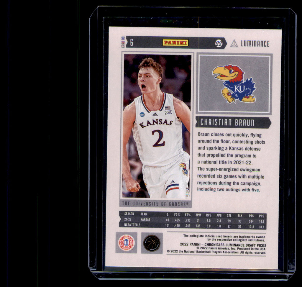 2022 Panini Chronicles Luminance Christian Braun Rookie Card #6 Kansas RC