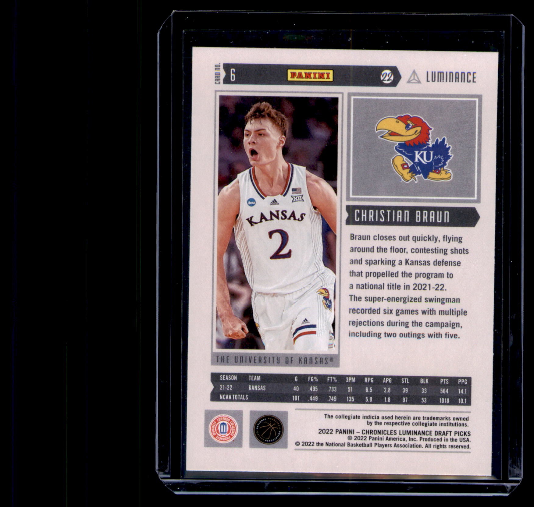 2022 Panini Chronicles Luminance Christian Braun Rookie Card #6 Kansas RC