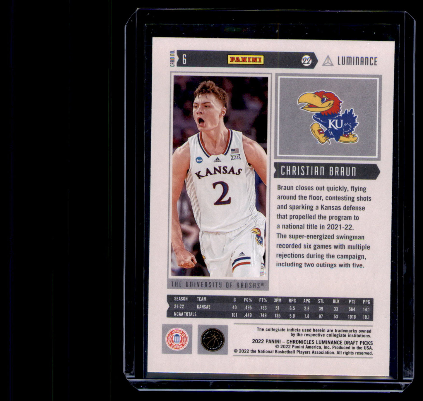 2022 Panini Chronicles Luminance Christian Braun Rookie Card #6 Kansas RC