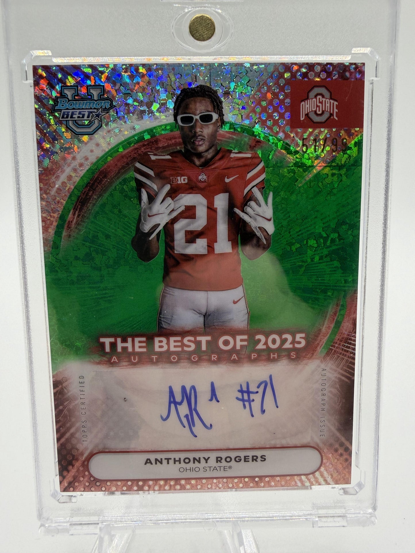 2025 Bowman University Anthony Rogers Green Refractor AUTO /99 Buckeyes Card