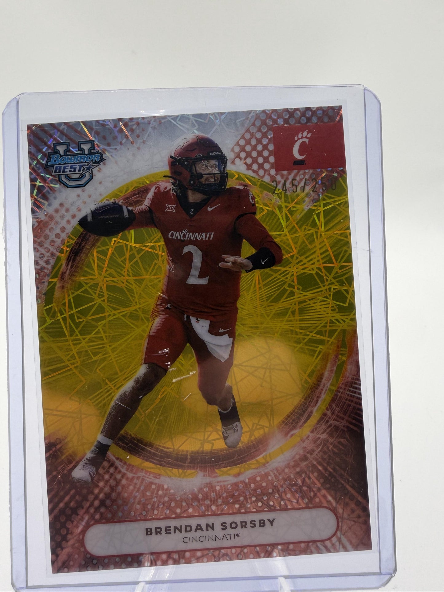 2025 Bowman University Best Brendan Sorsby Yellow Lazer Refractor Card #52