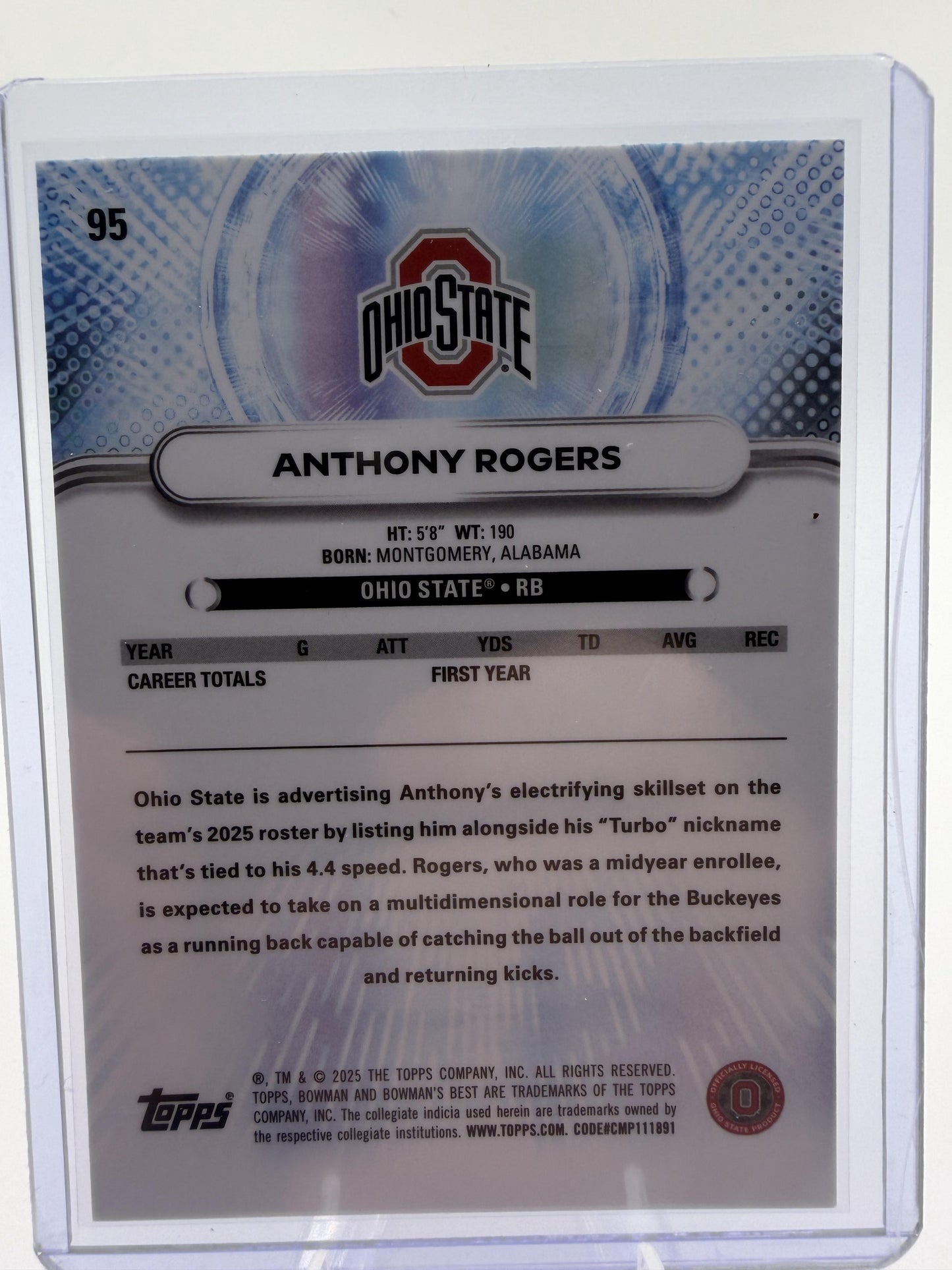 2025 Bowman Best Anthony Rogers Card #95 Ohio State Buckeyes RC Card