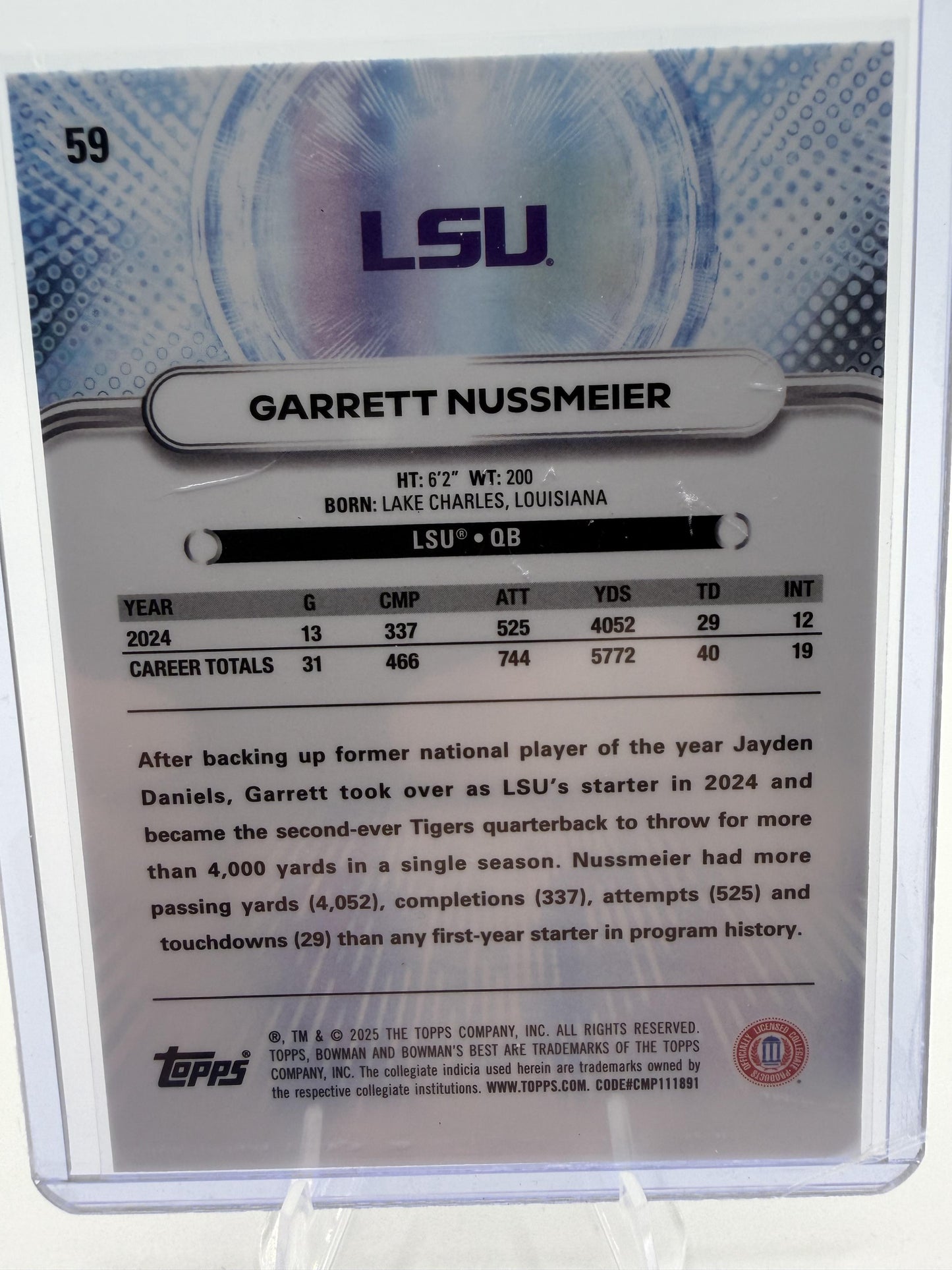 2025 Bowman University Best Garrett Nussmeier LSU Tigers RC Card #59