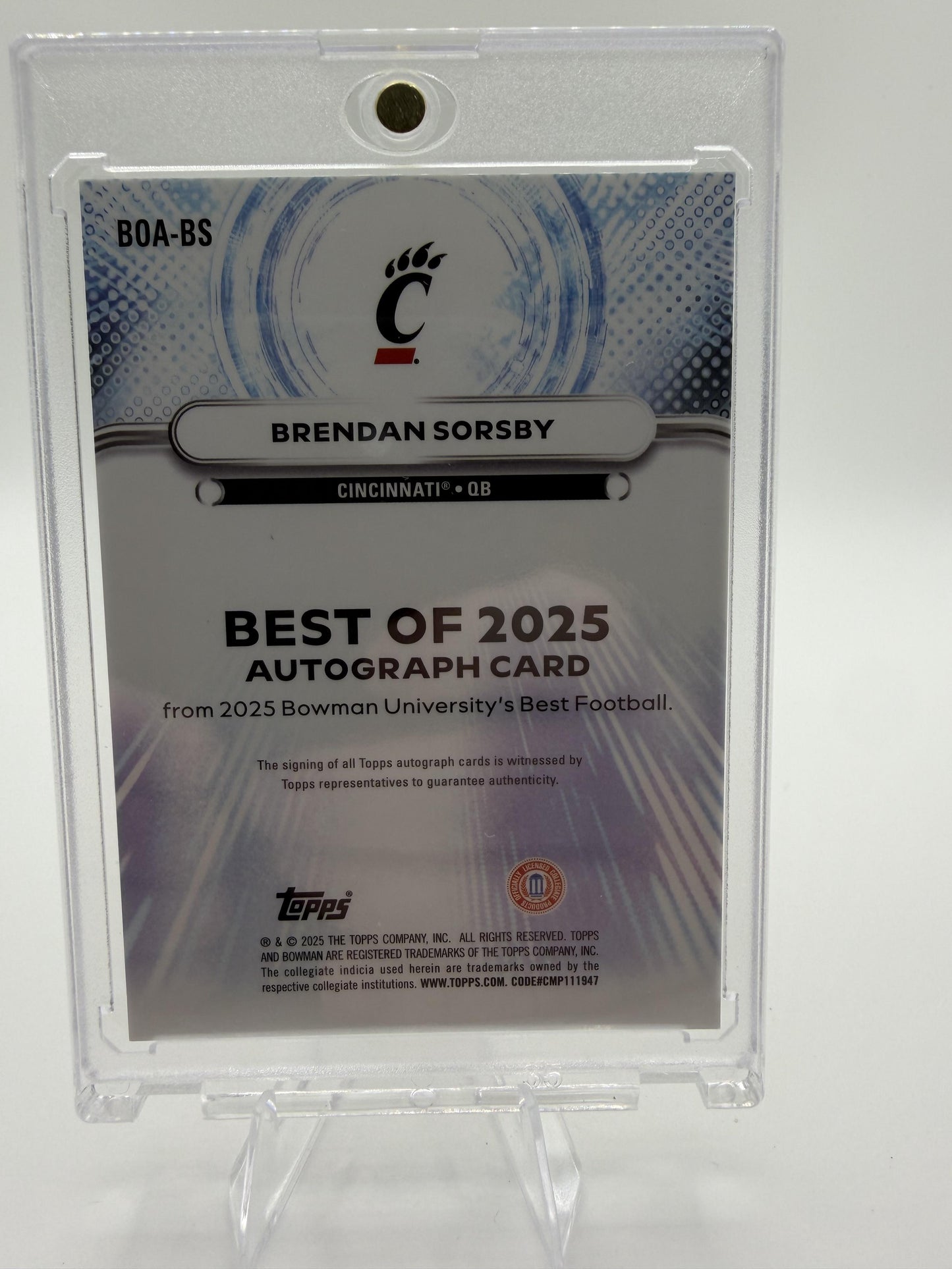 2025 Bowman Best Brendan Sorsby On-Card Auto Autograph Card #BOA-BS Cincinnati
