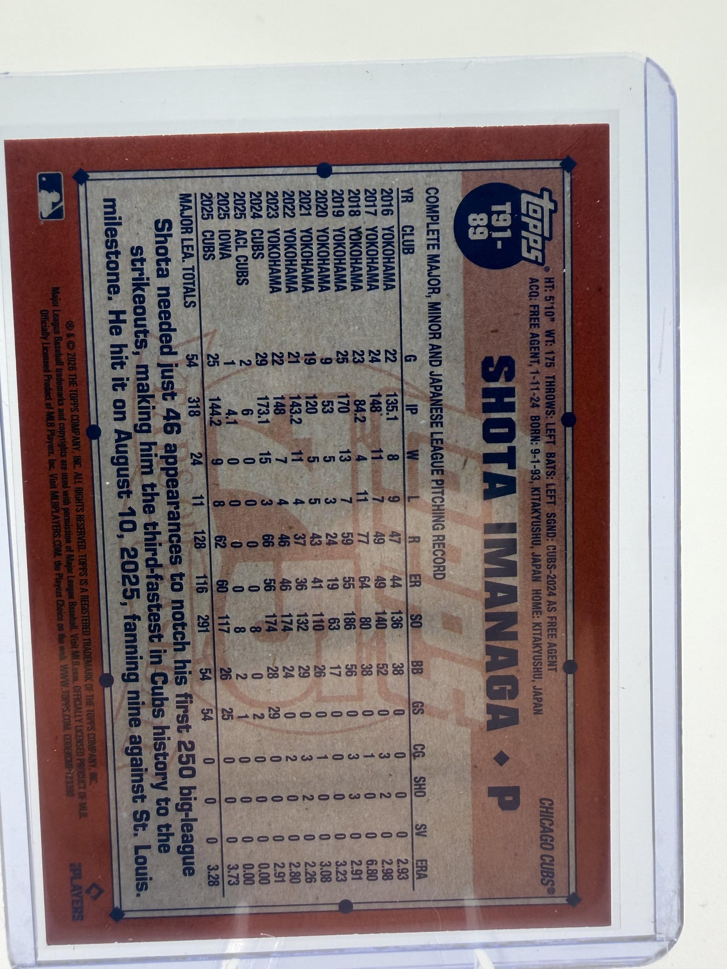 2026 Topps Shota Imanaga Topps 75 Years of Baseball #T91-89 Cubs Pitcher Card