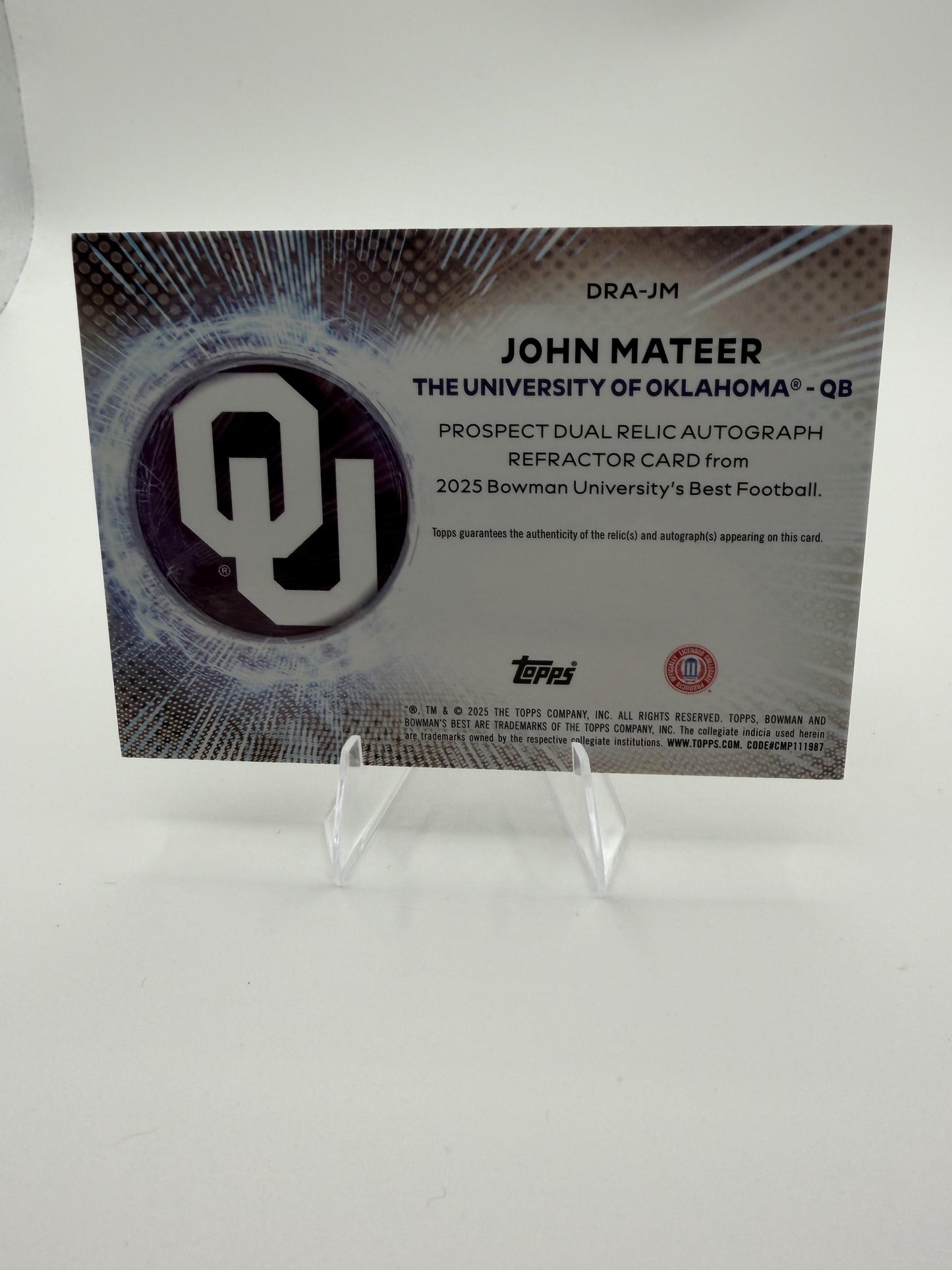2025 Bowman University Best John Mateer Dual Relic Auto Card #DRA-JM Refractor