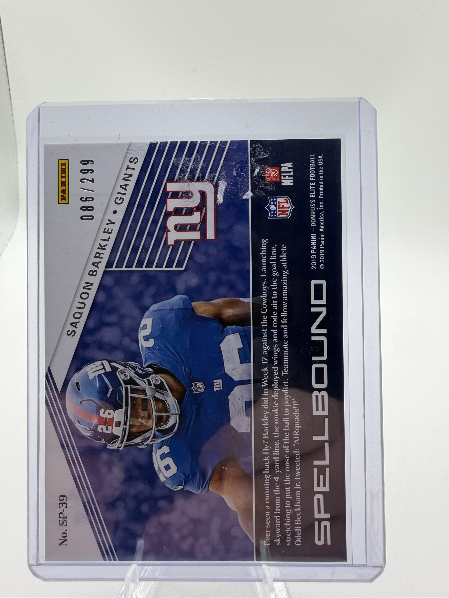 2019 Panini Elite Spellbound Saquon Barkley "E" Blue Parallel /299 Giants Card