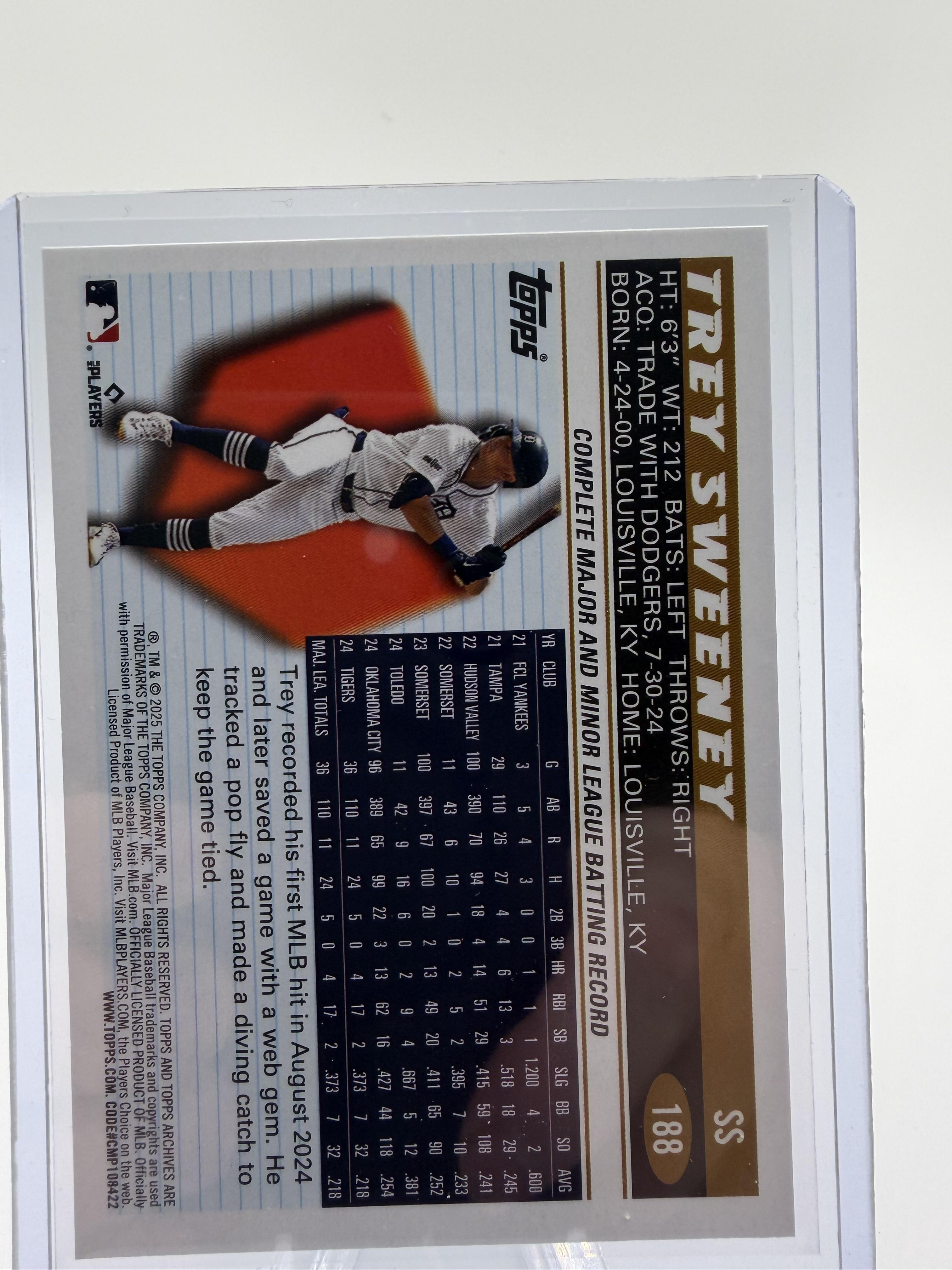 2025 Topps Archives Trey Sweeney Rookie Card – Detroit Tigers RC #188