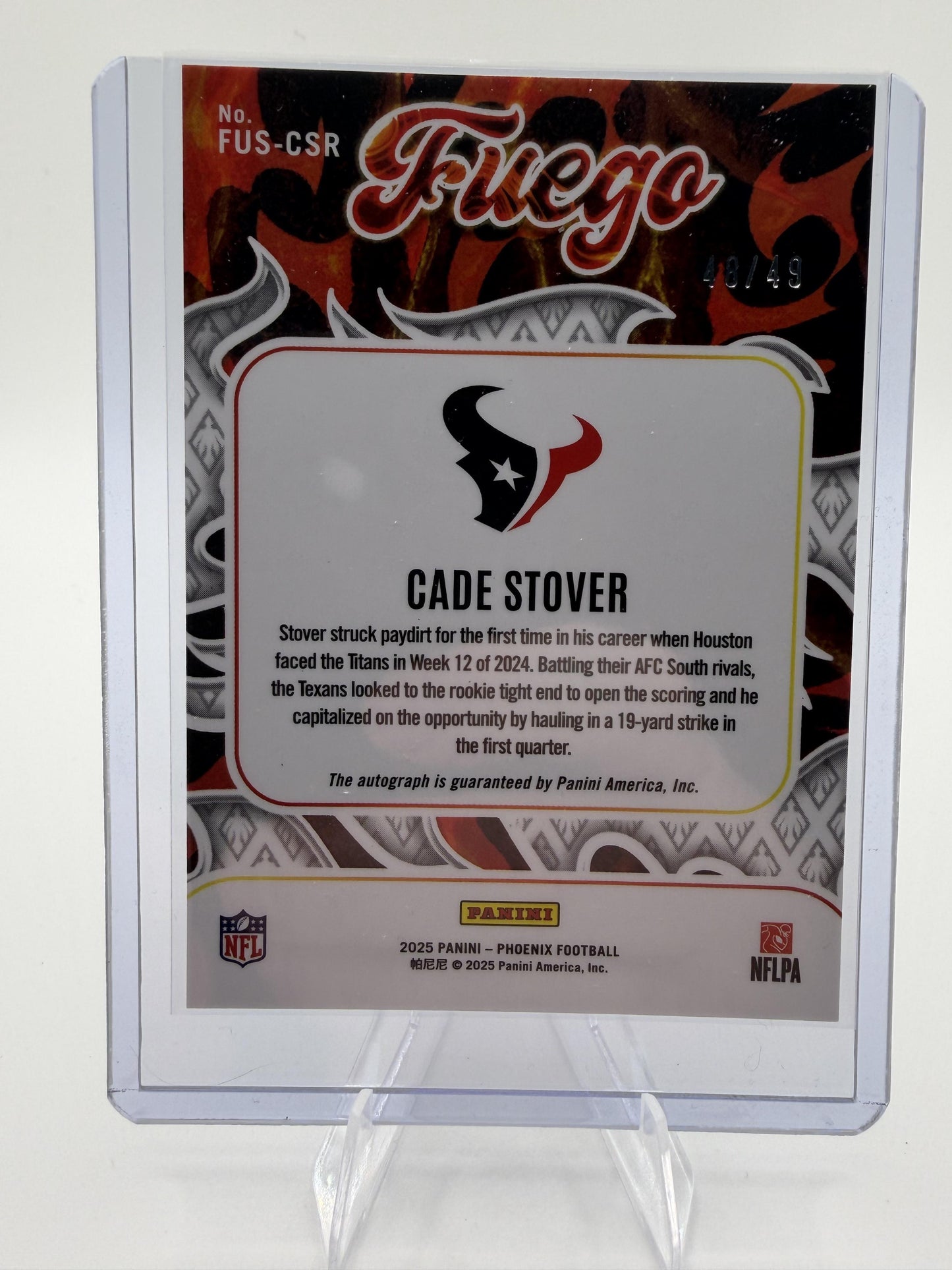 2025 Panini Phoenix Cade Stover Fuego Lava Autograph Card /49 Texans #FUS-CSR