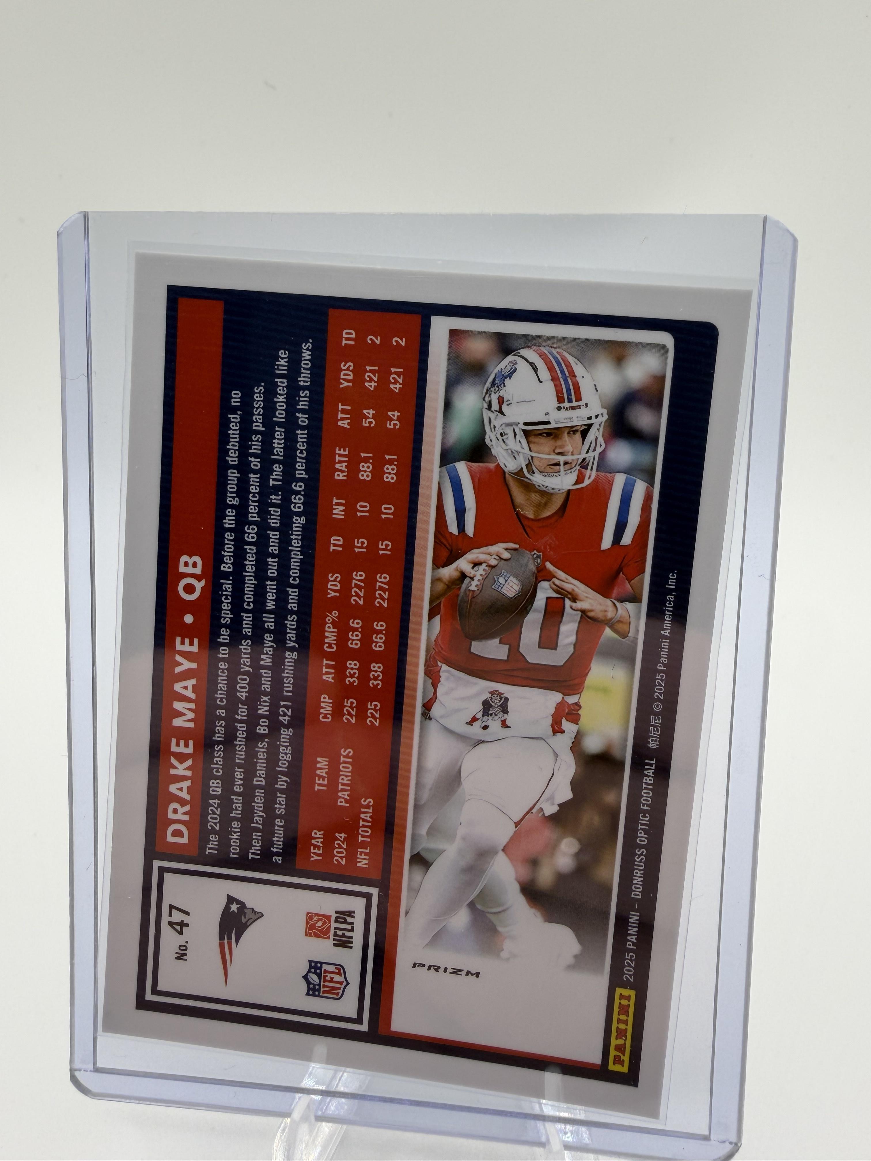 2025 Donruss Optic Drake Maye Rated Rookie Silver Holo Prizm Patriots Card