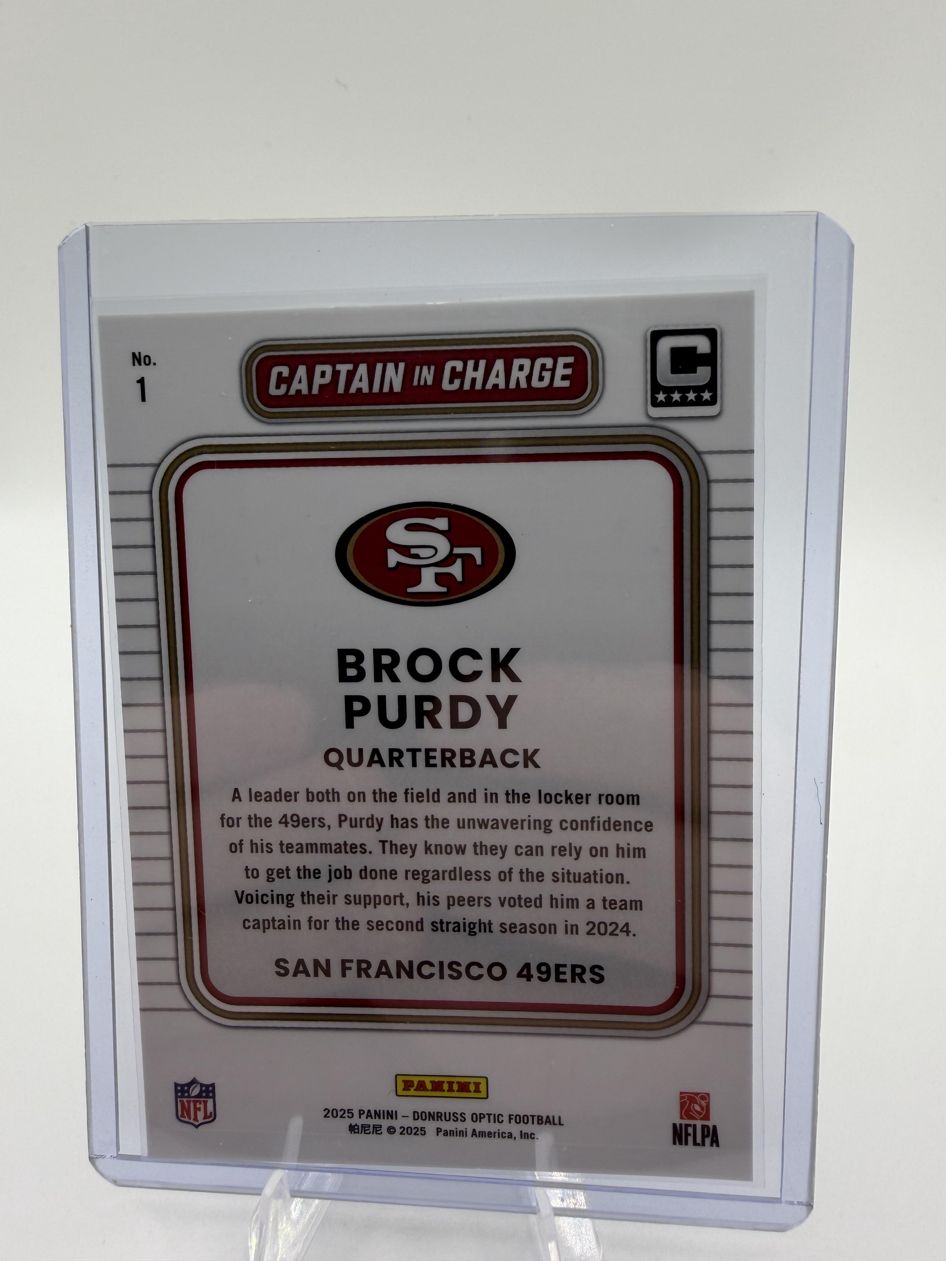 2025 Donruss Optic Brock Purdy Captain in Charge Insert SF 49ers Card #1